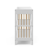 side view of white with driftwood changing table with two shelves