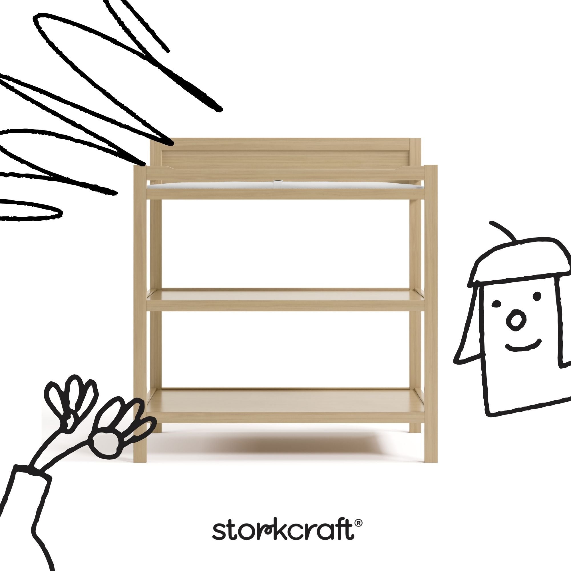 Alpine driftwood changing table with black doodles overlaid on image