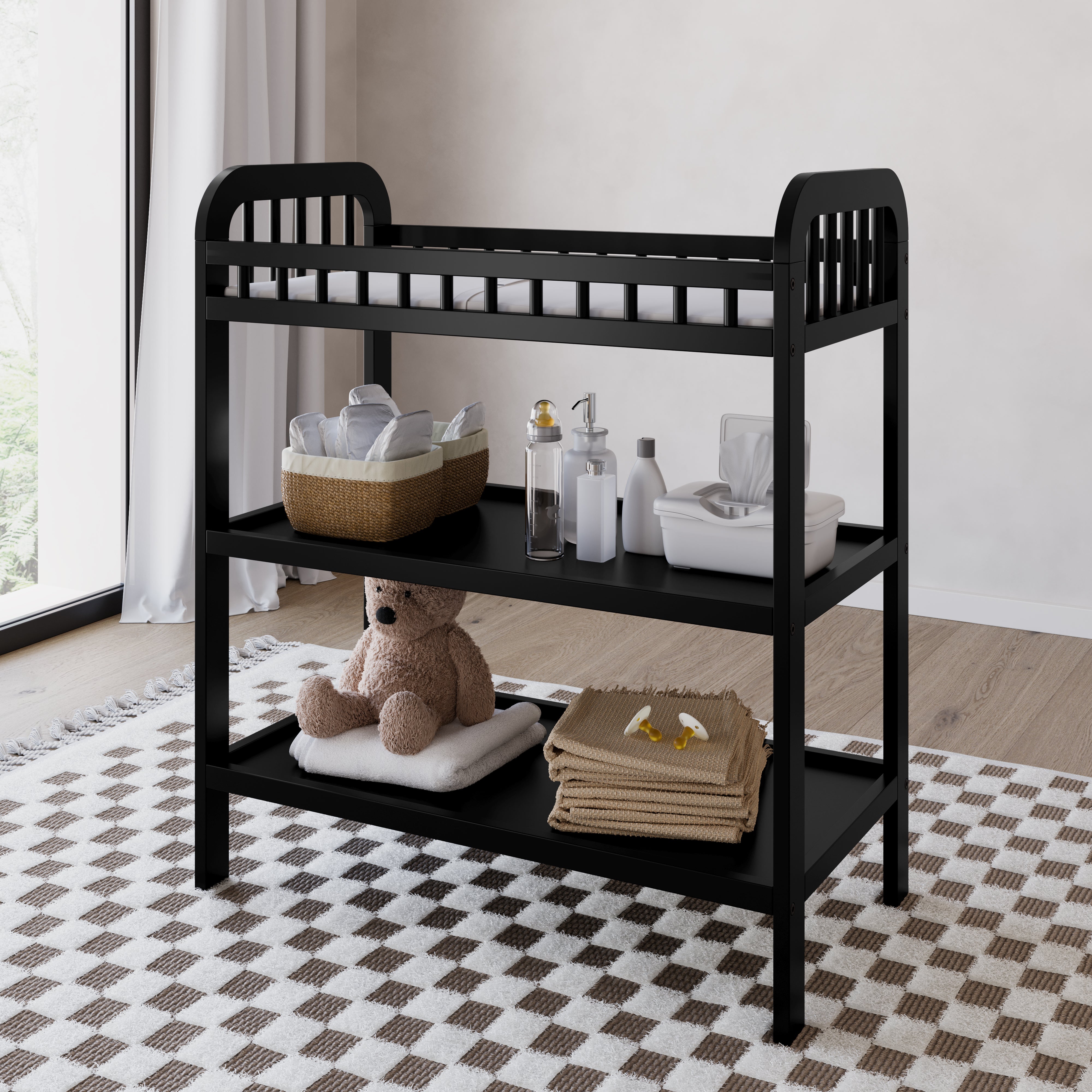 pasadena changing table black front view in bathroom