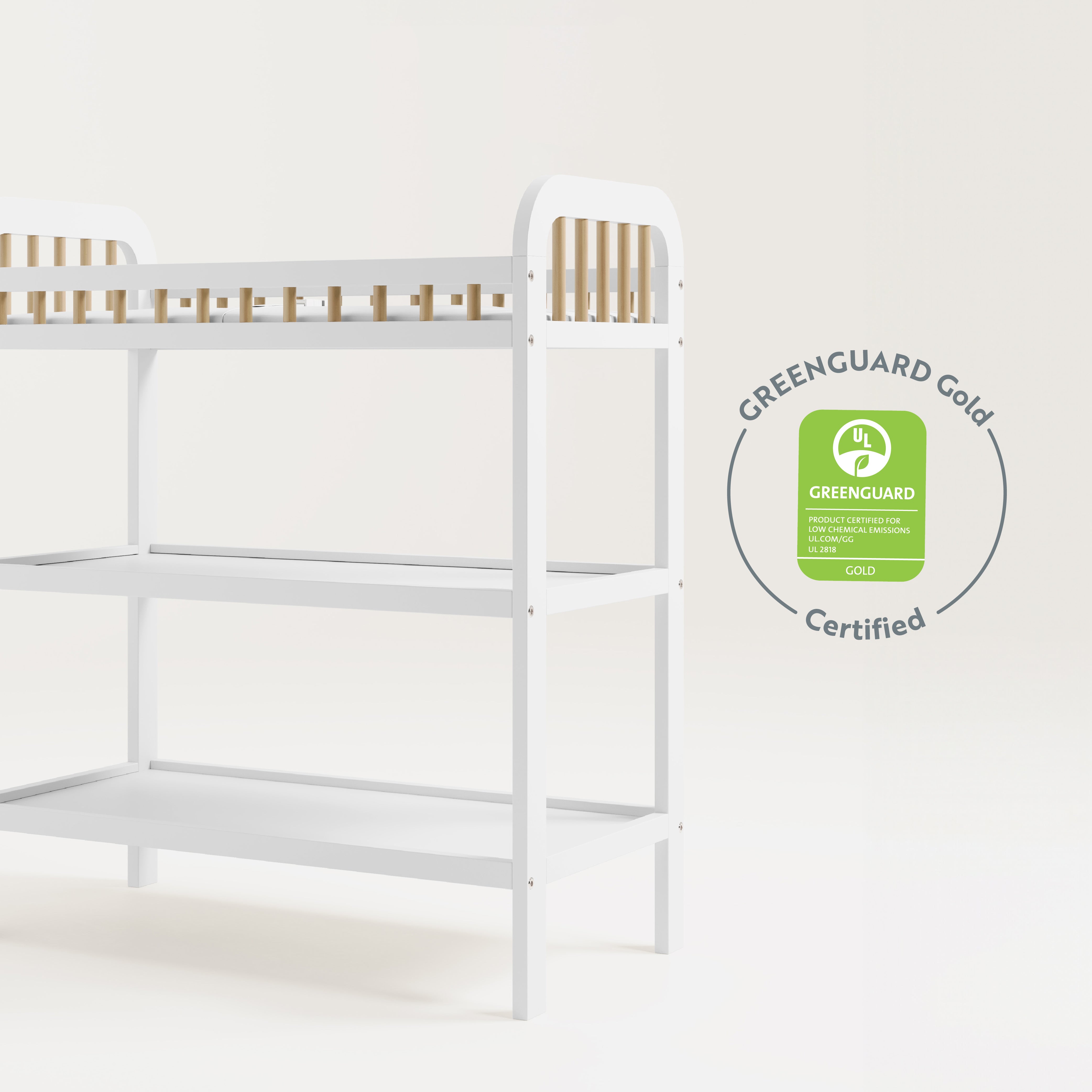 storkcraft pasadena white with driftwood changing table GREENGUARD Gold Certified callout