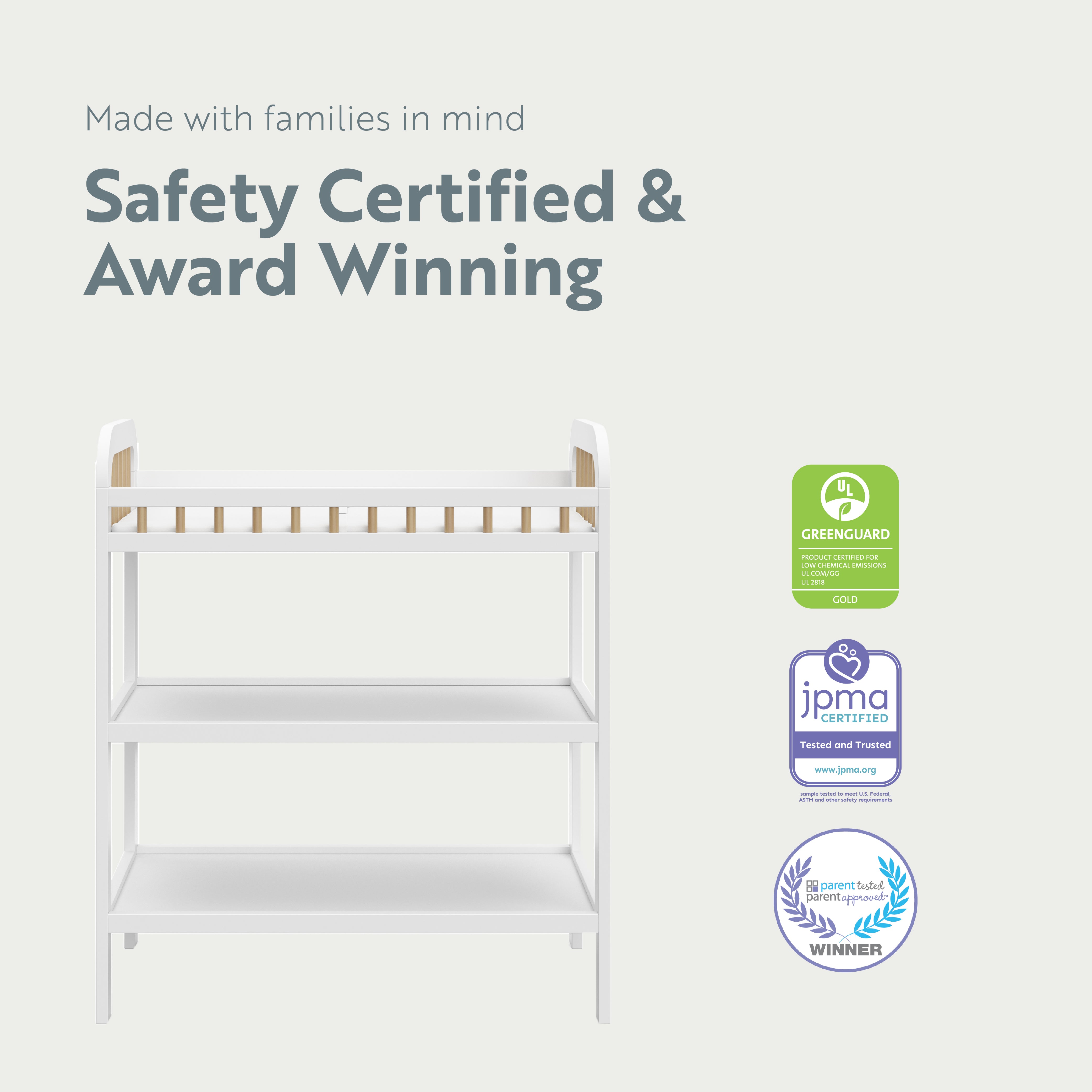 storkcraft pasadena white with driftwood changing table certifications callout
