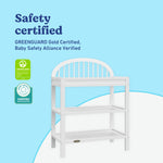 Olivia white changing table open shelves callout
