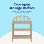 Olivia driftwood changing table open shelves callout