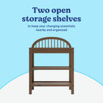 Olivia hazelnut changing table open shelves callout