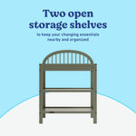 Olivia olive changing table open shelves callout