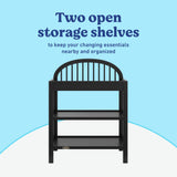 Olivia black changing table open shelves callout