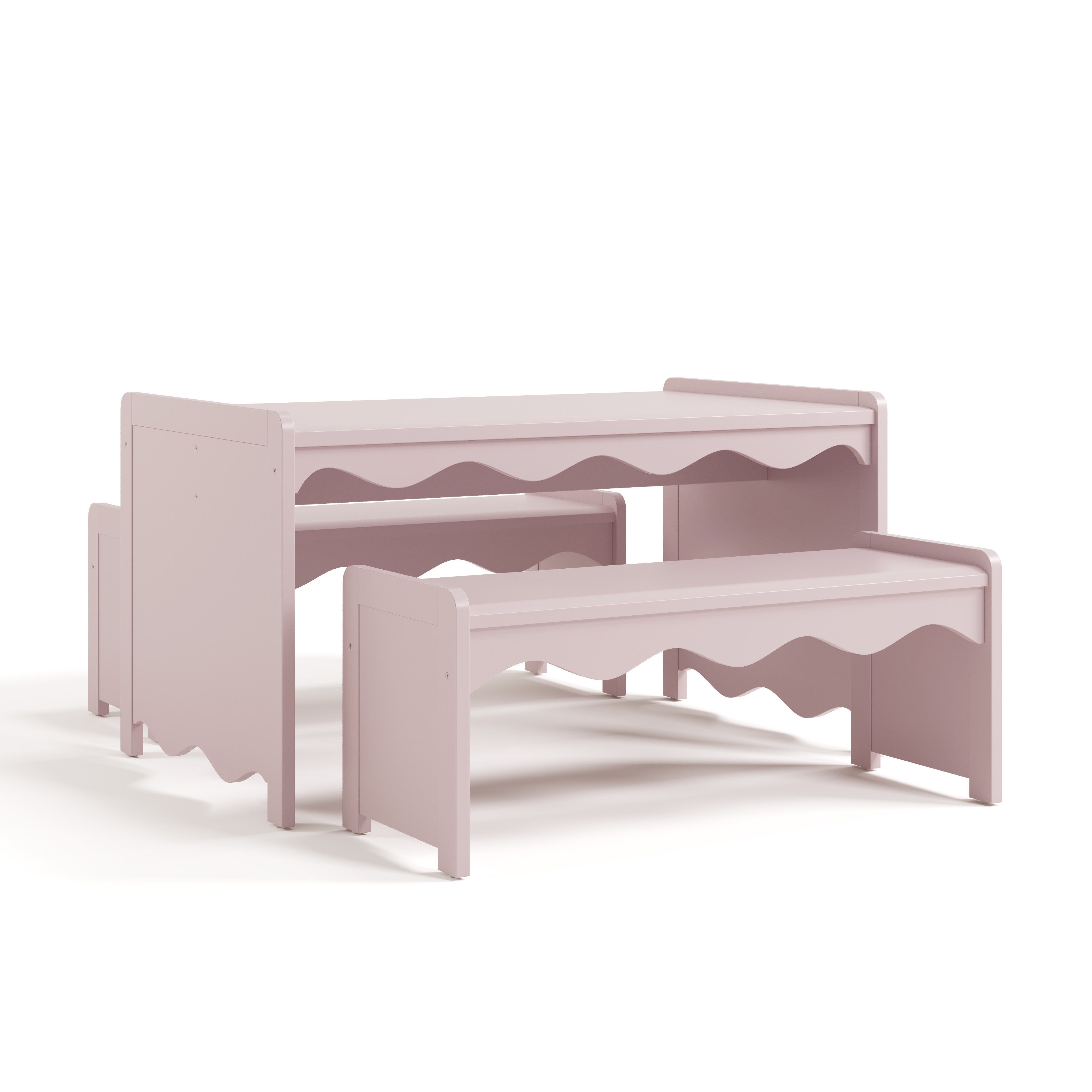 Angle view of Casablanca blush bench and table set