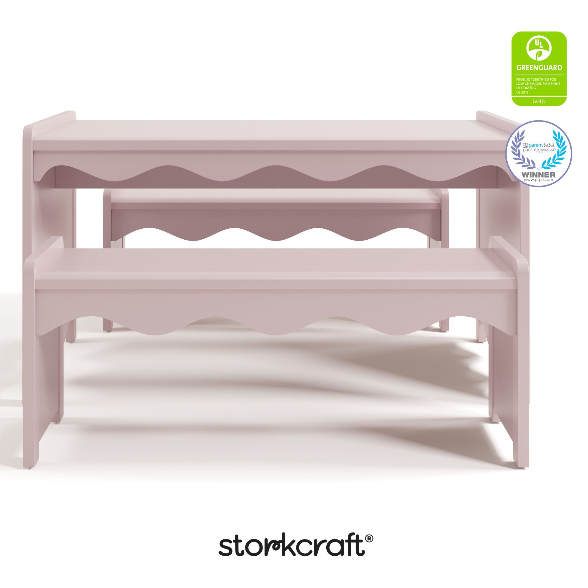 Casablanca blush bench and table set with GGG and PTPA logo on top right