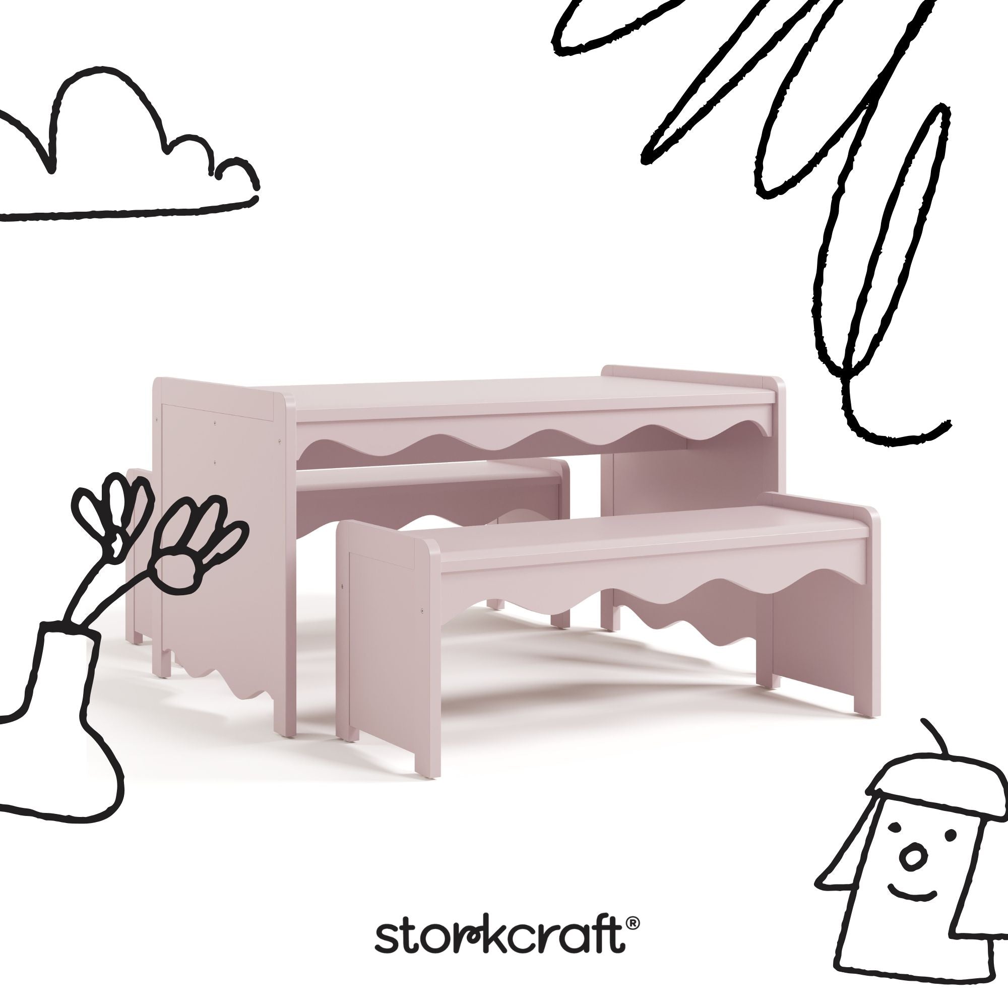 Casablanca blush bench and table set with black doodles overlaid on image