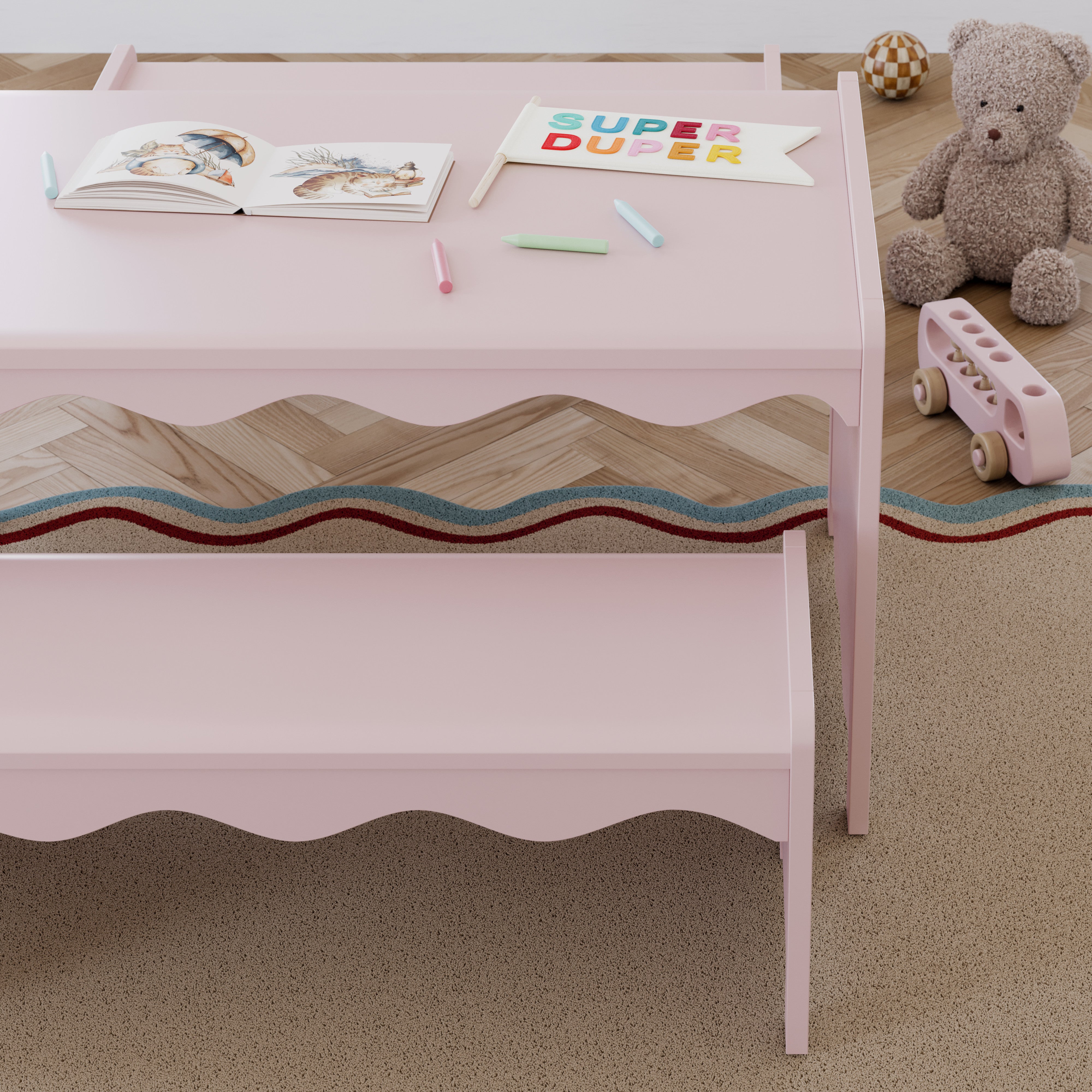 Casablanca blush bench and table set in kids room with crafts on table
