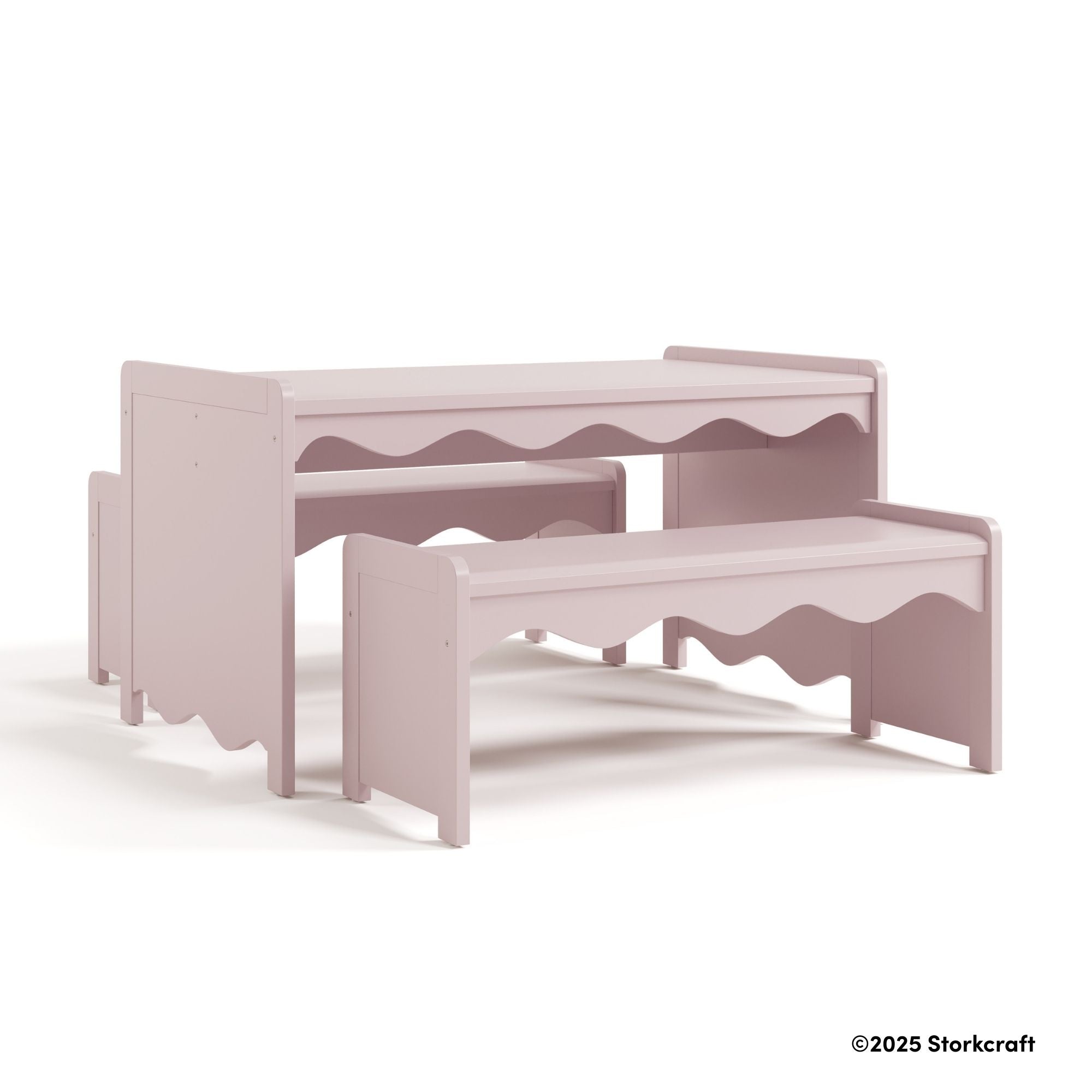 Casablanca blush bench and table set with 2025 Storkcraft copyright on bottom right
