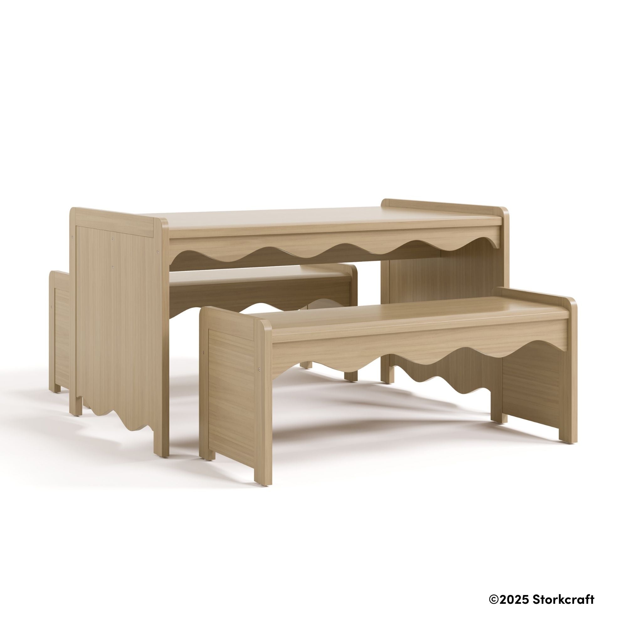 Casablanca driftwood bench and table set with 2025 Storkcraft copyright on bottom right