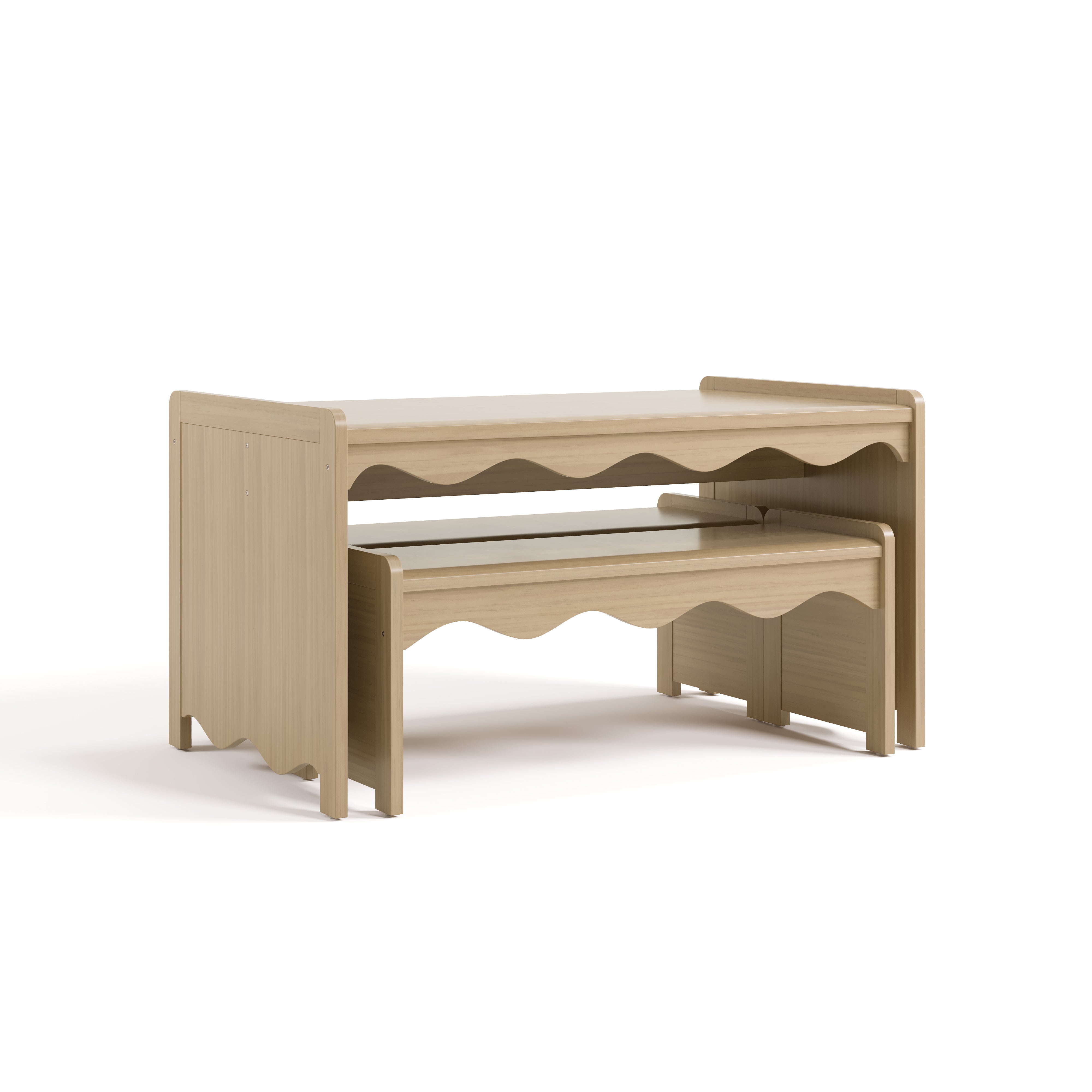 Angle view of Casablanca driftwood bench and table set with benches tucked under table