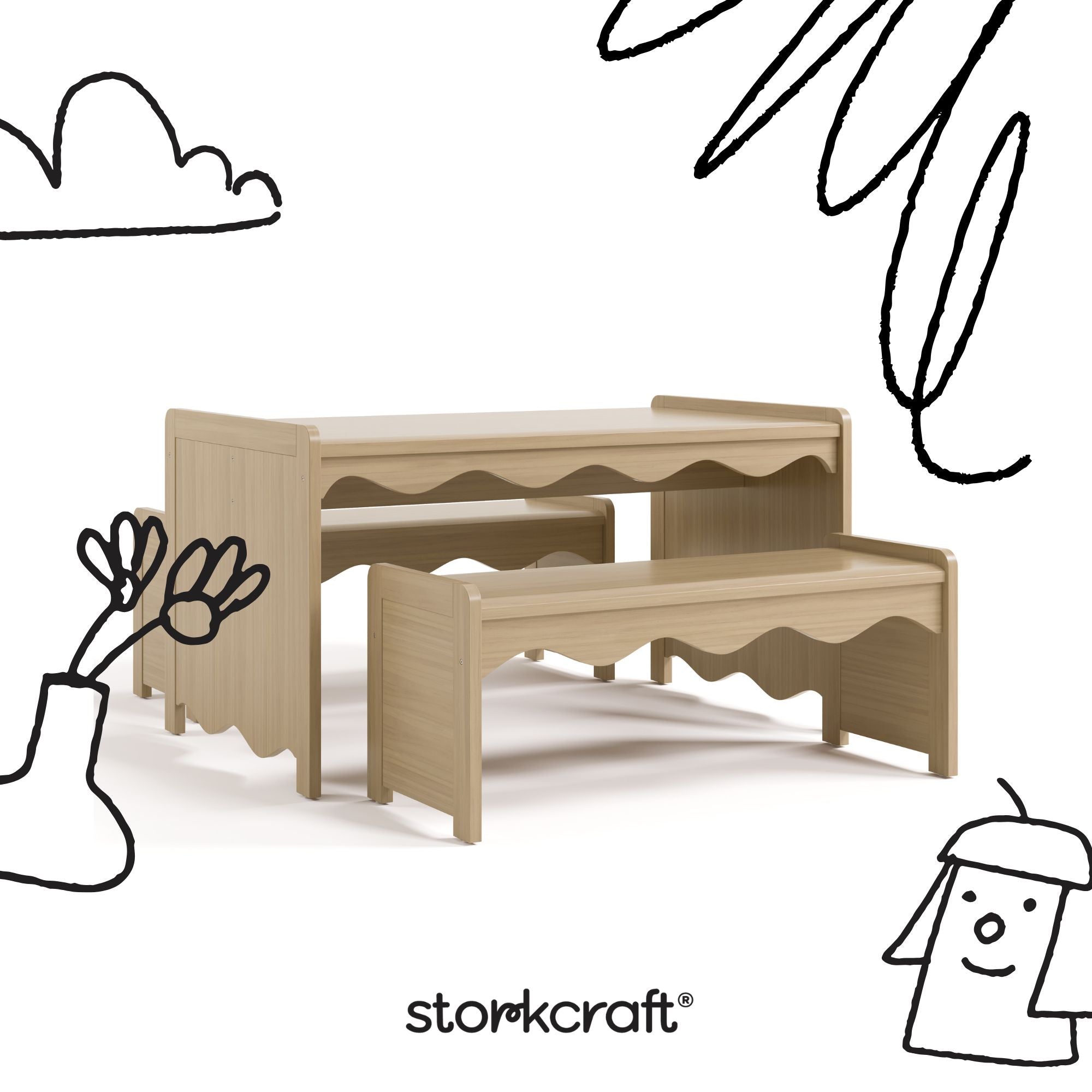 Casablanca driftwood bench and table set with black doodles overlaid on image