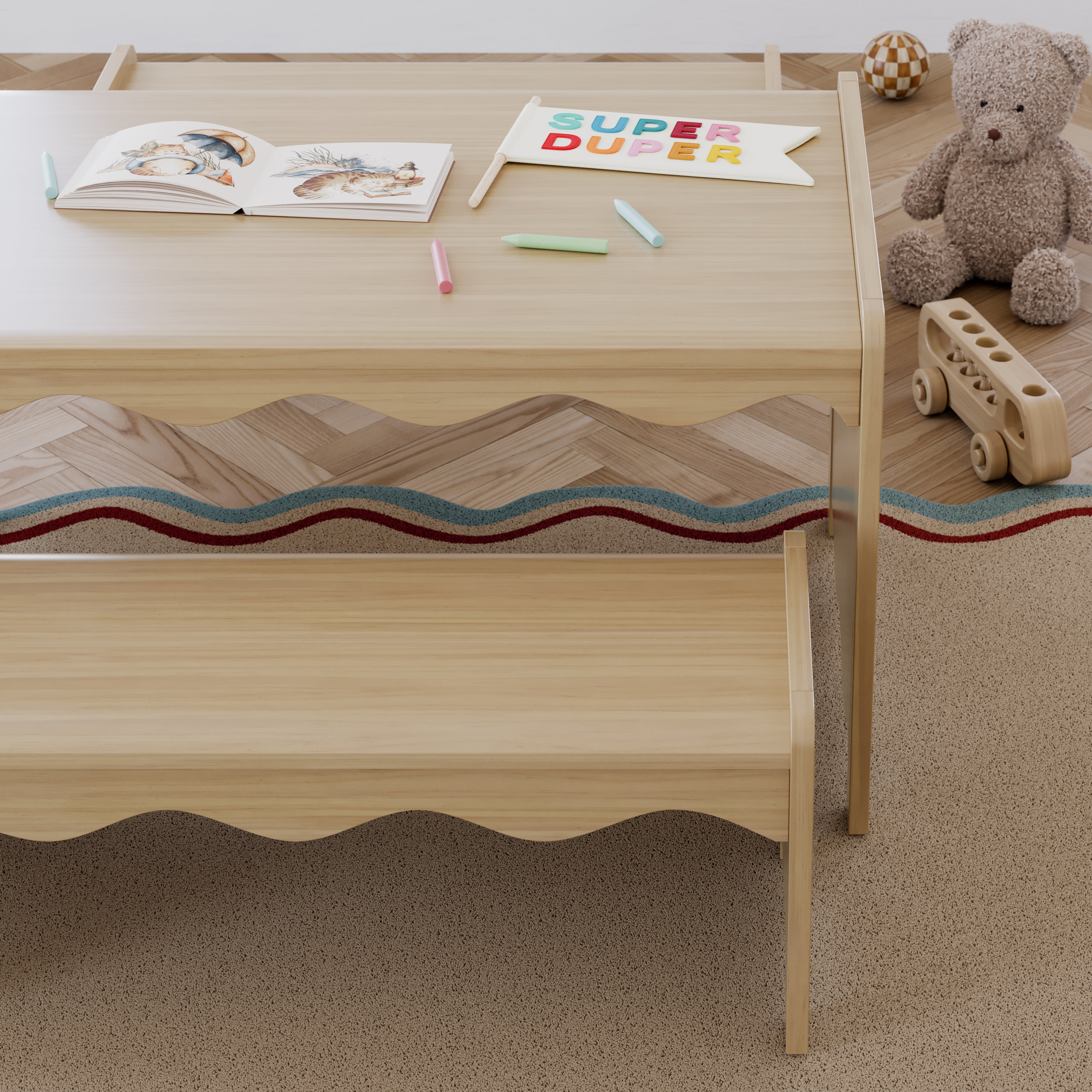 Casablanca driftwood bench and table set in kids room with crafts on table
