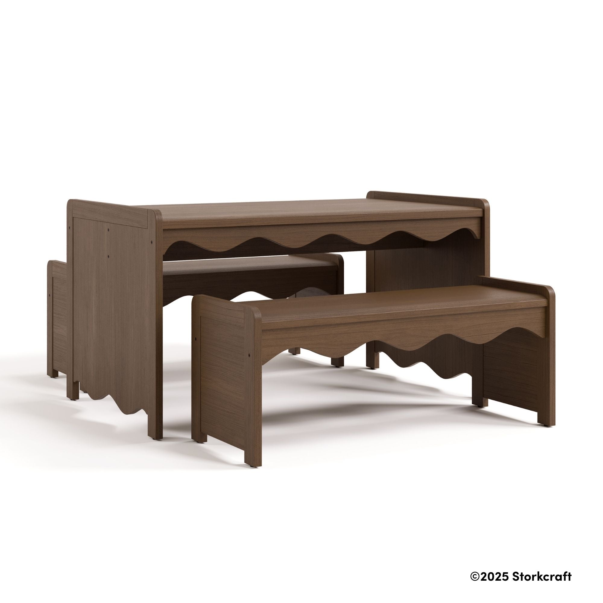 Casablanca hazelnut bench and table set with 2025 Storkcraft copyright on bottom right