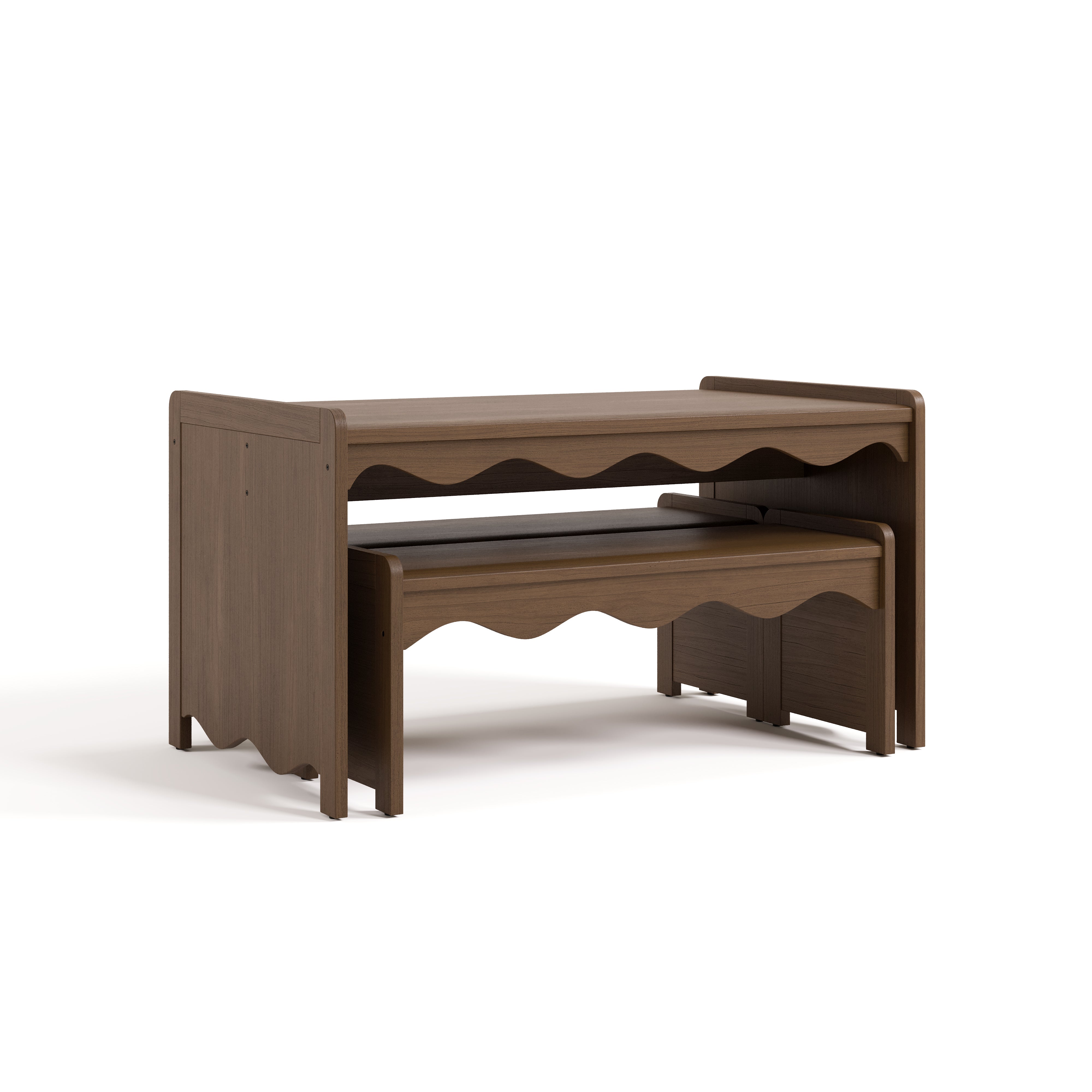 Angle view of Casablanca hazelnut bench and table set with benches tucked under table