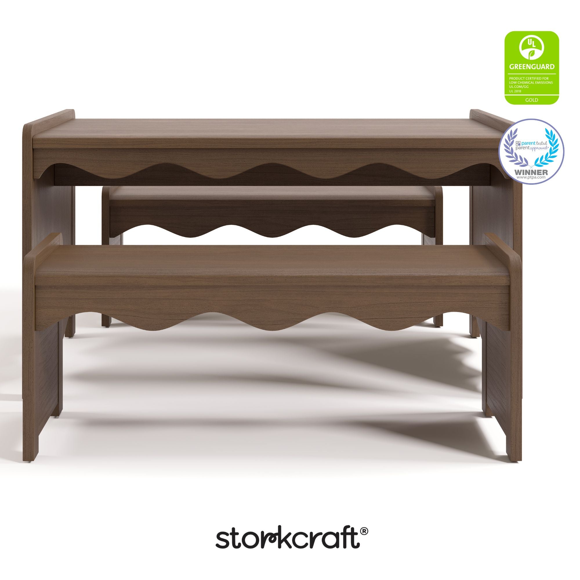 Casablanca hazelnut bench and table set with GGG and PTPA logo on top right