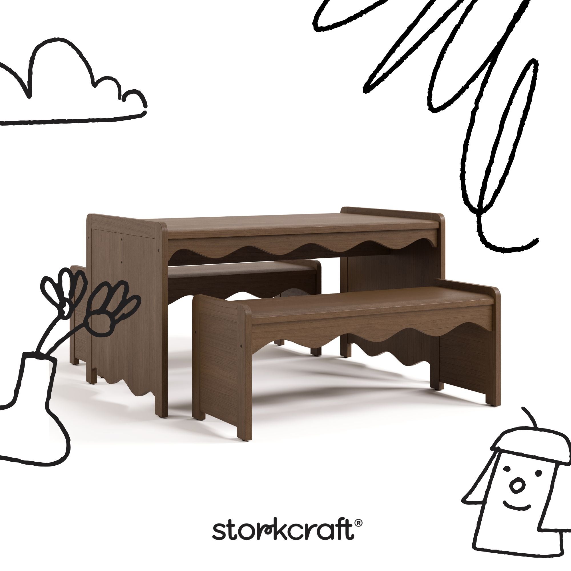 Casablanca hazelnut bench and table set with black doodles overlaid on image