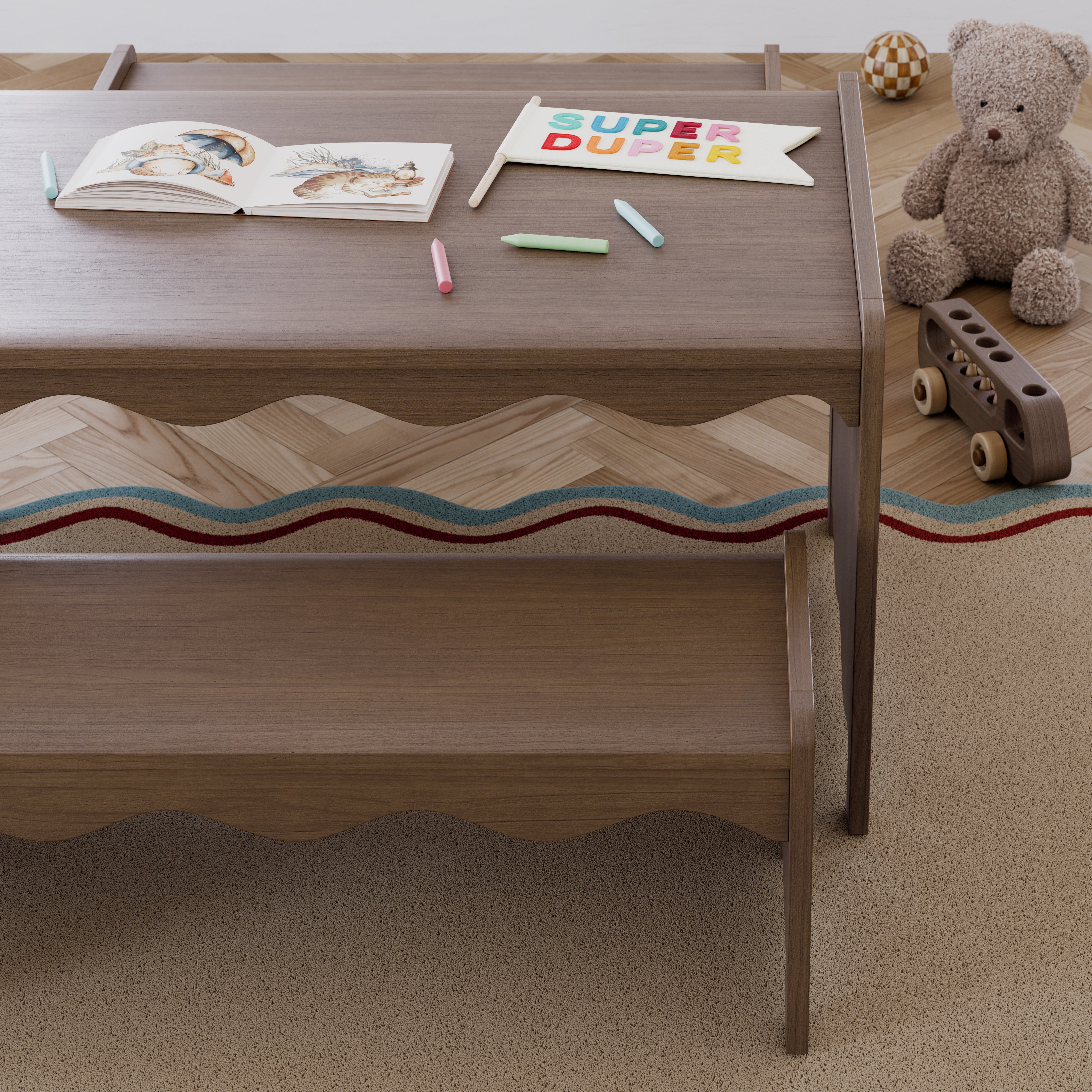 Casablanca hazelnut bench and table set in kids room with crafts on table
