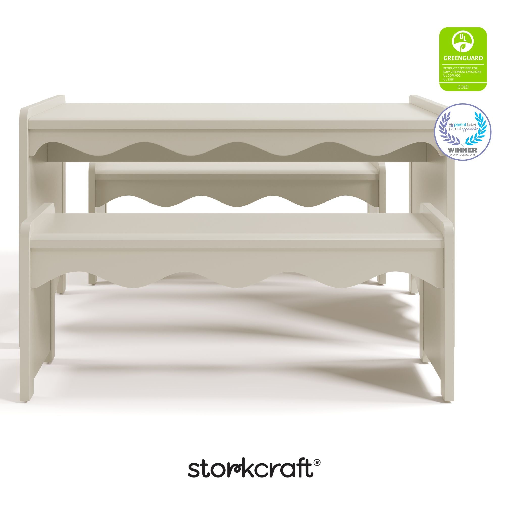 Casablanca frosted oat bench and table set with GGG and PTPA logo on top right