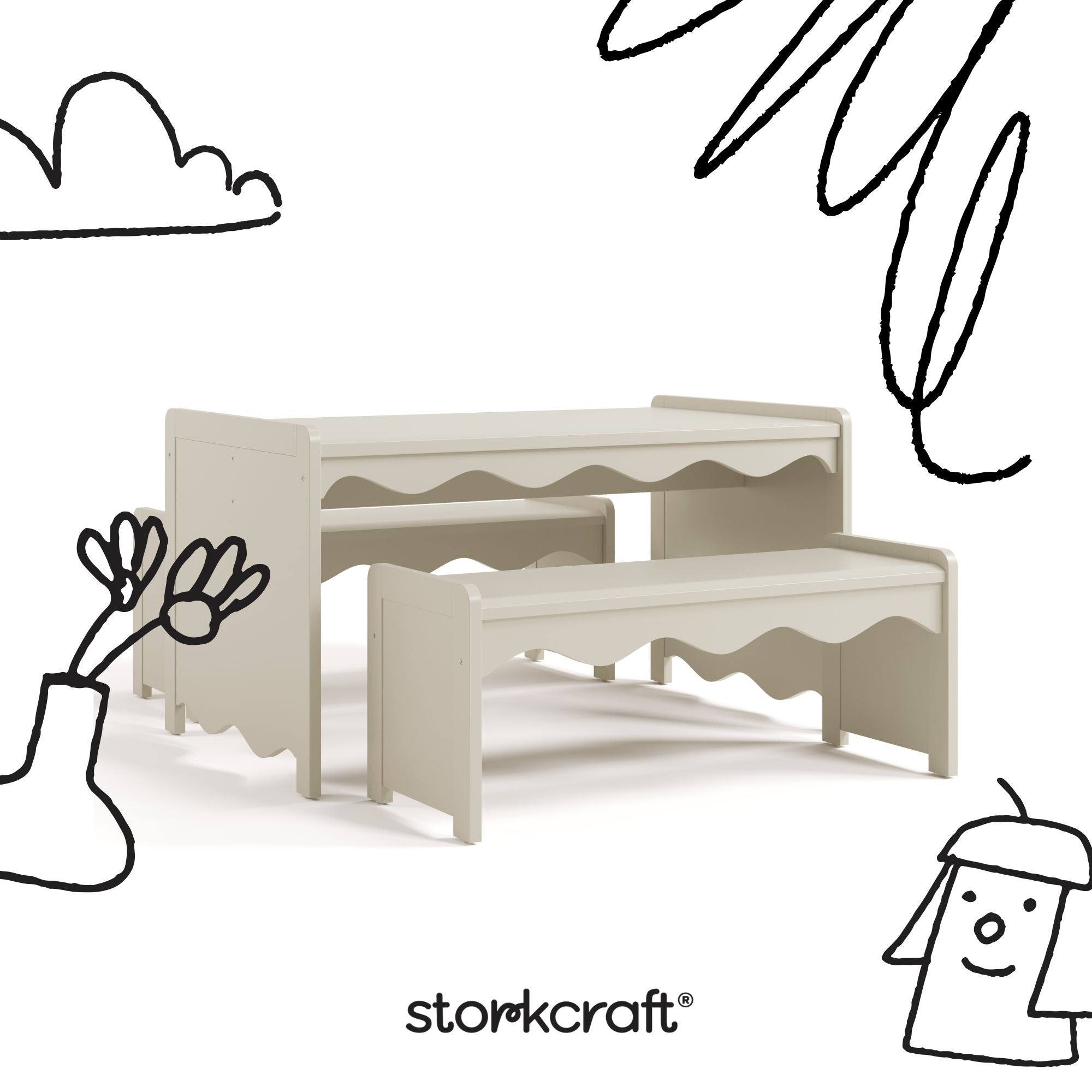Casablanca frosted oat bench and table set with black doodles overlaid on image