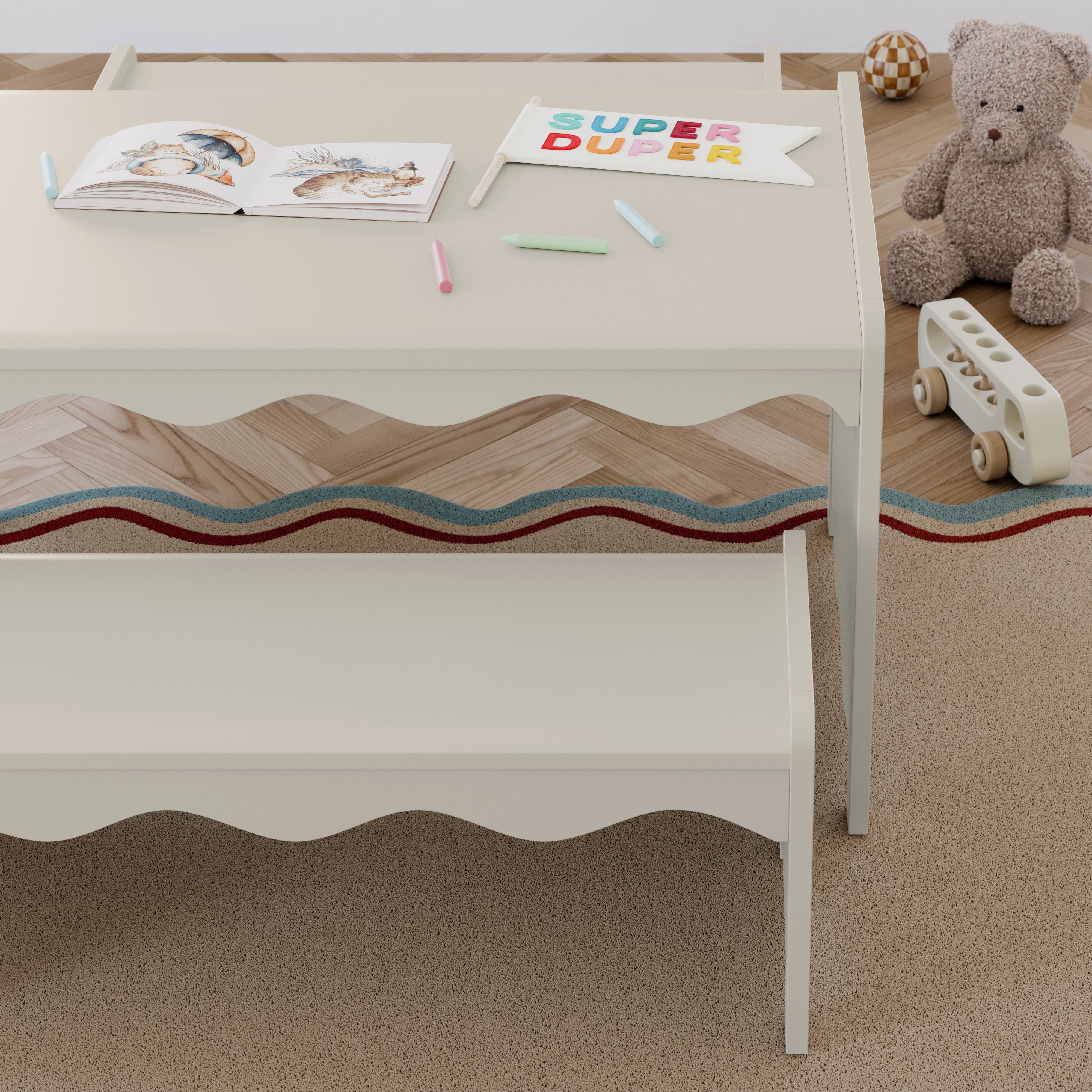 Casablanca frosted oat bench and table set in kids room with crafts on table