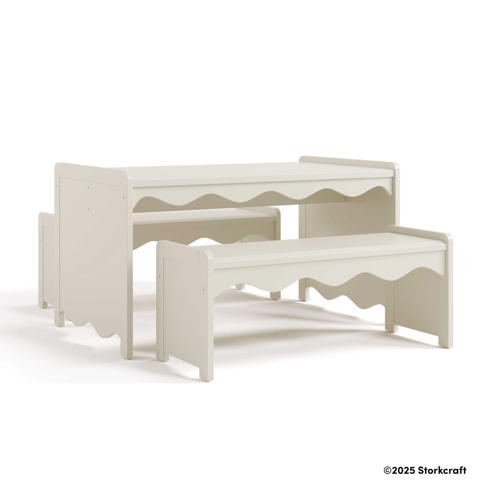 Casablanca frosted oat bench and table set with 2025 Storkcraft copyright on bottom right