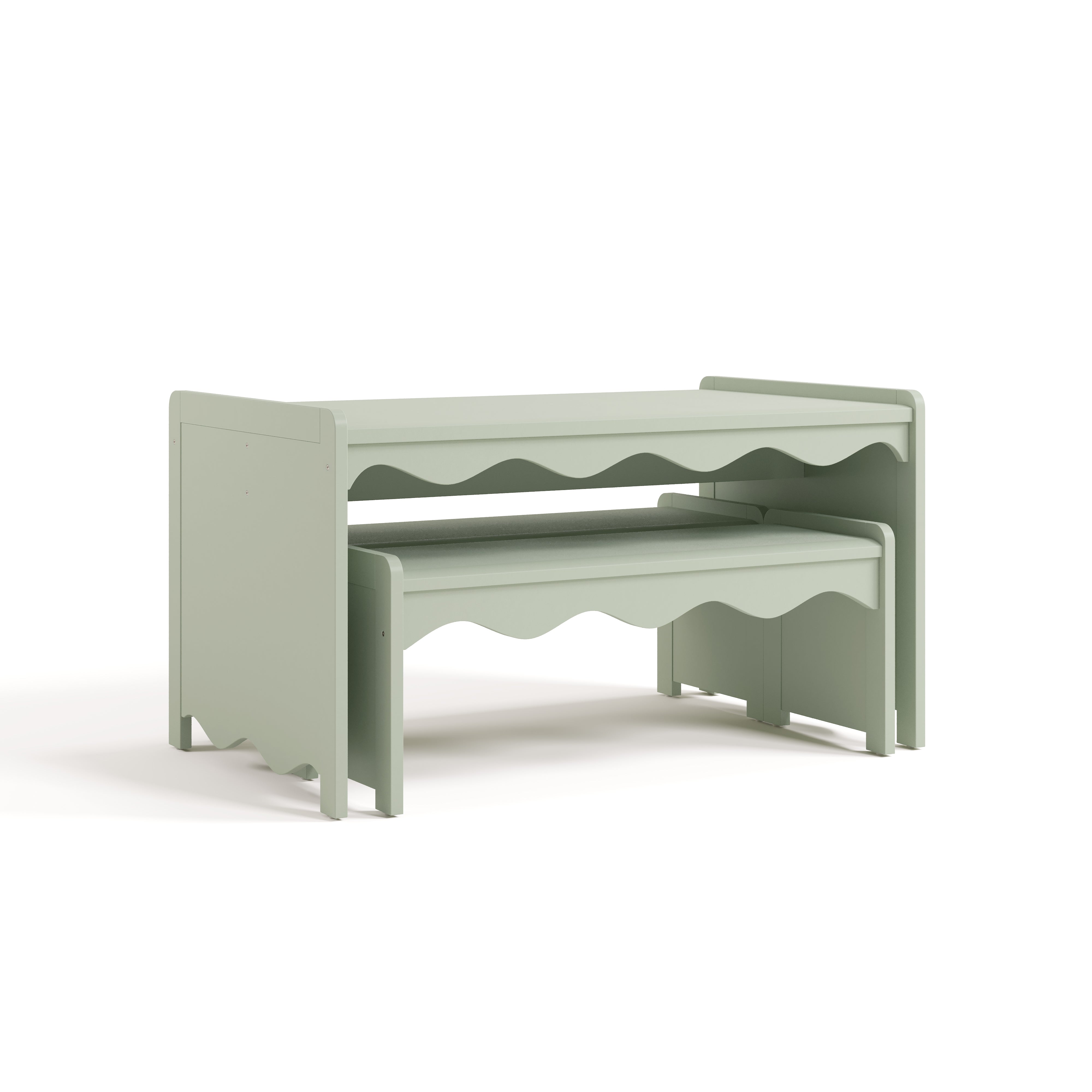 Angle view of Casablanca sage bench and table set with benches tucked under table