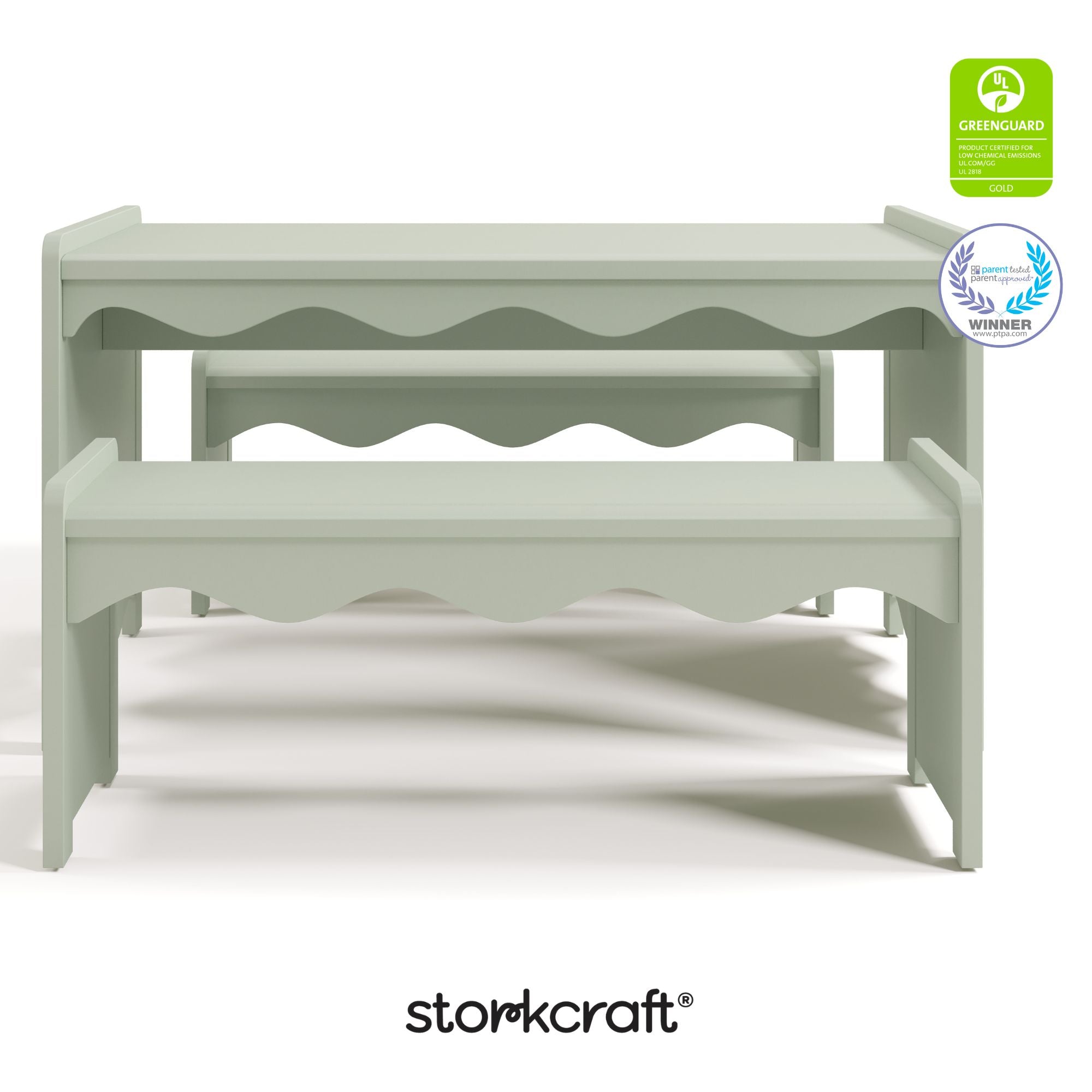 Casablanca sage bench and table set with GGG and PTPA logo on top right