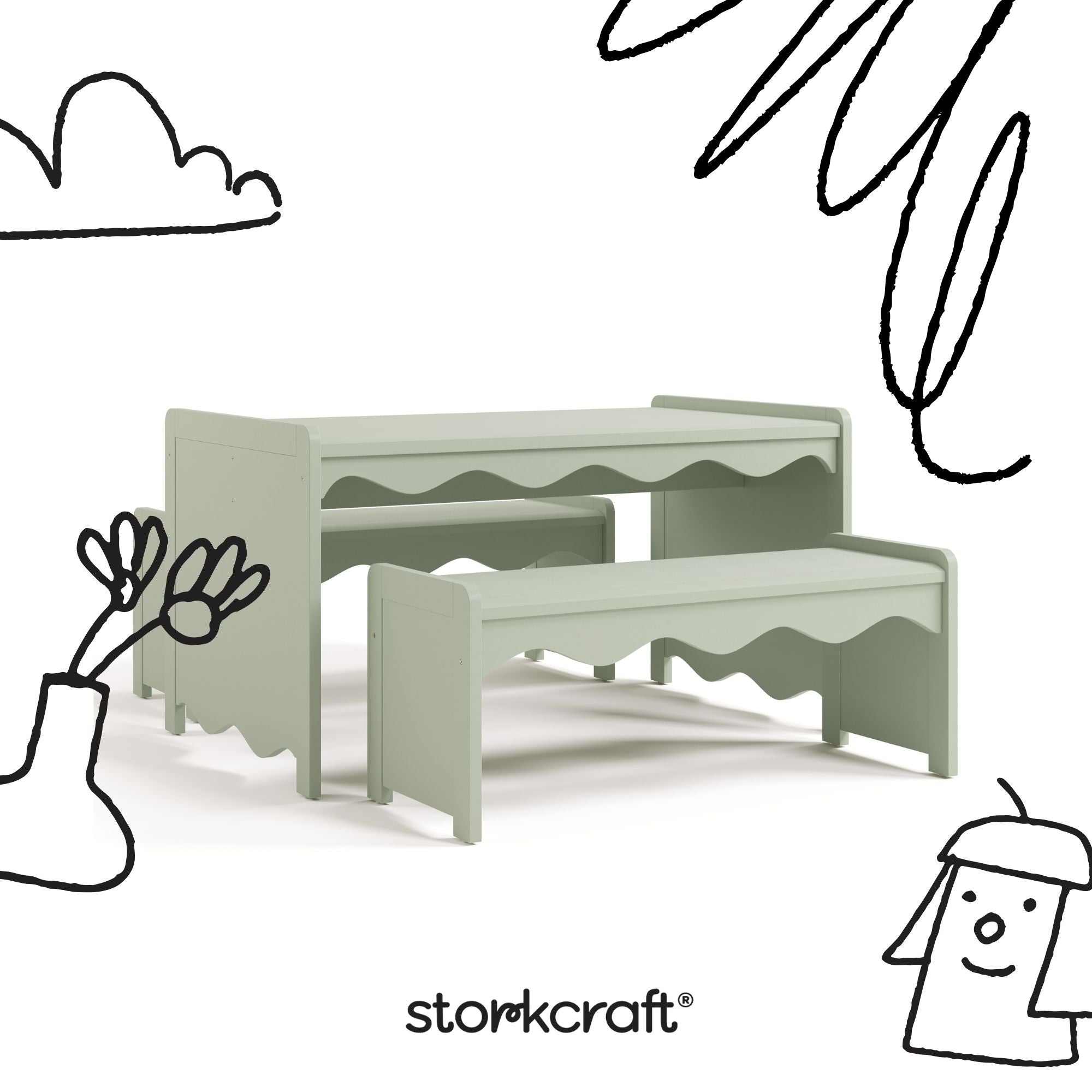 Casablanca sage bench and table set with black doodles overlaid on image