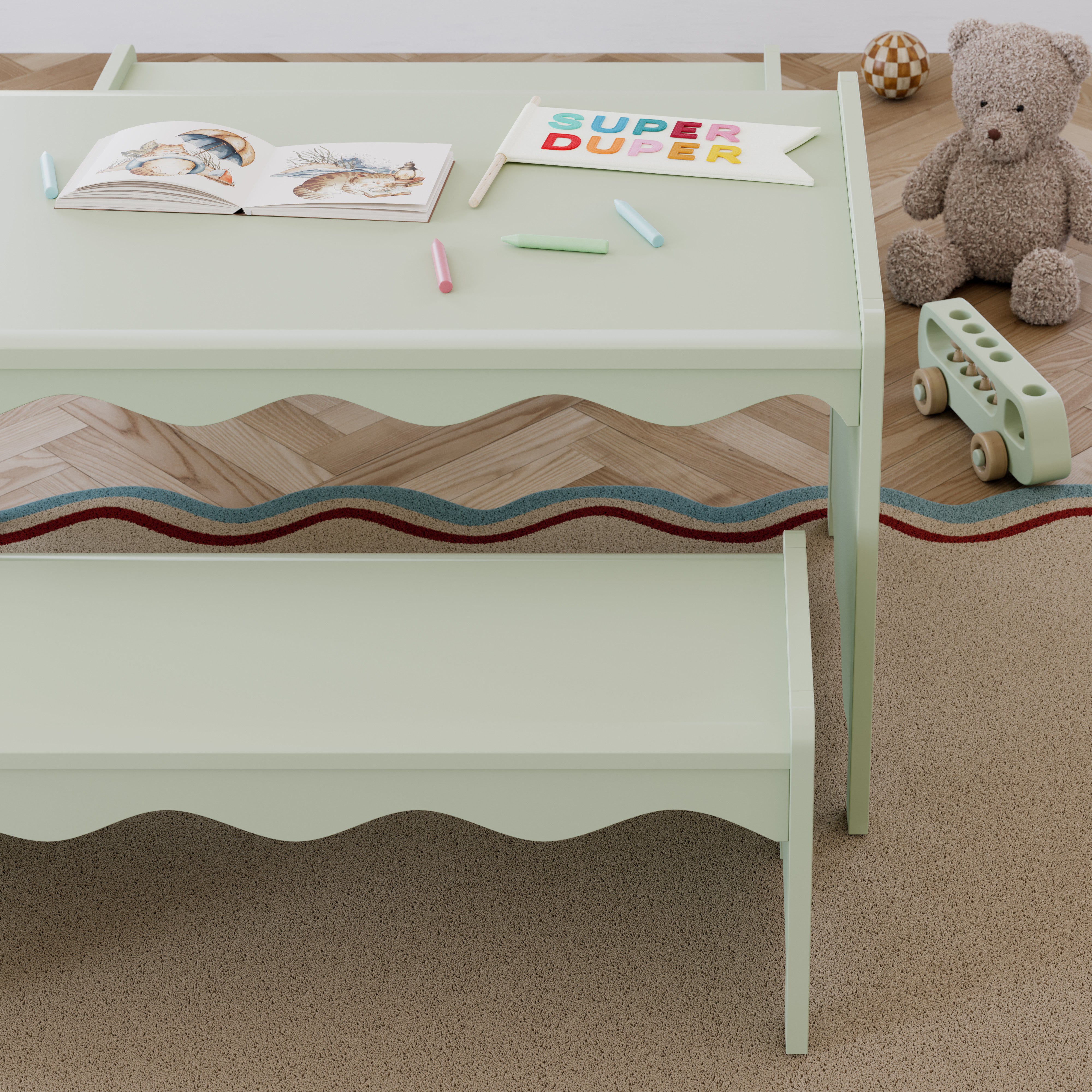 Casablanca sage bench and table set in kids room with crafts on table