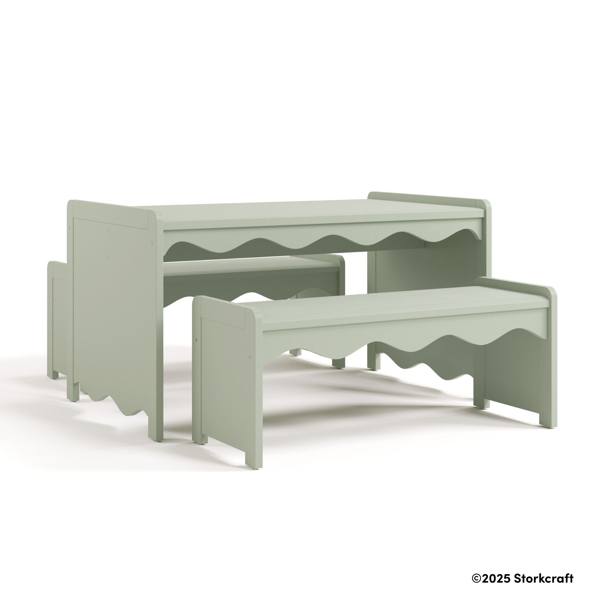 Casablanca sage bench and table set with 2025 Storkcraft copyright on bottom right