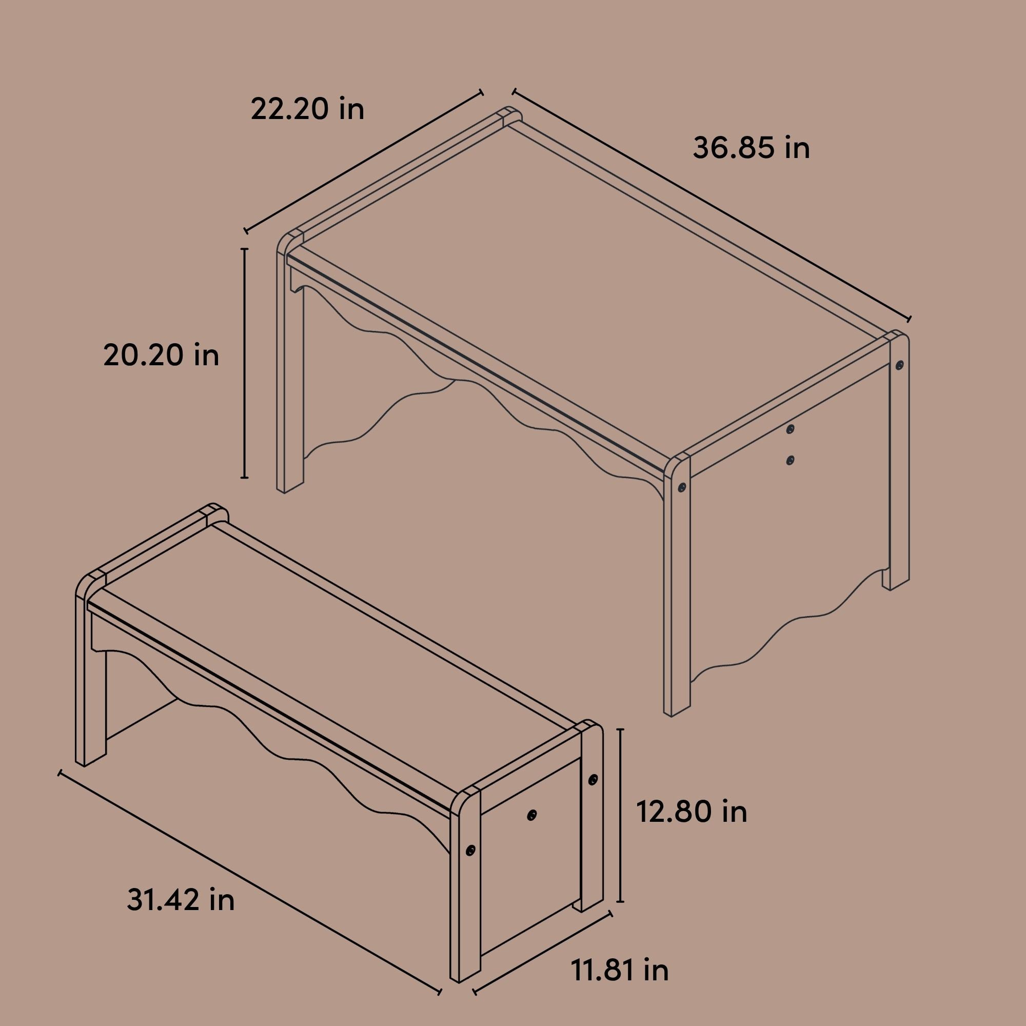 Casablanca bench and table set drawing with dimensions
