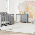 storkcraft portofino pebble gray crib and changer in nursery with kenton 6 pebble gray dresser and tuscany white with pink glider