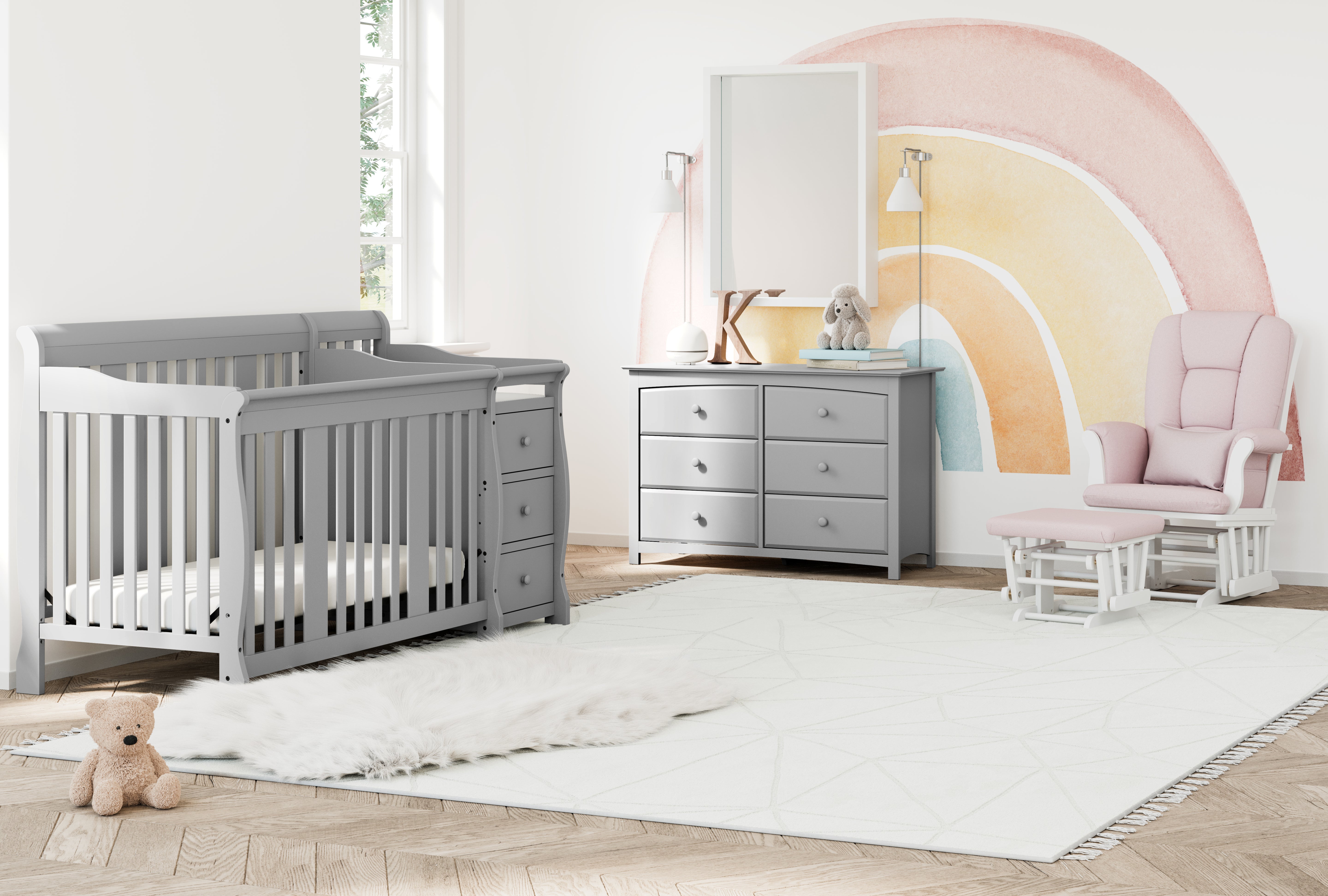 storkcraft portofino pebble gray crib and changer in nursery with kenton 6 pebble gray dresser and tuscany white with pink glider