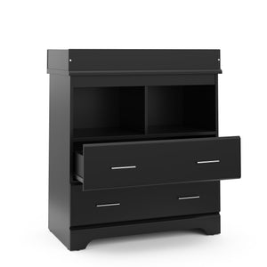 black 2 drawer chest with changing topper and one open drawer
