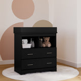 brookside 2 drawer black changing chest in nursery with changing essentials in open shelves