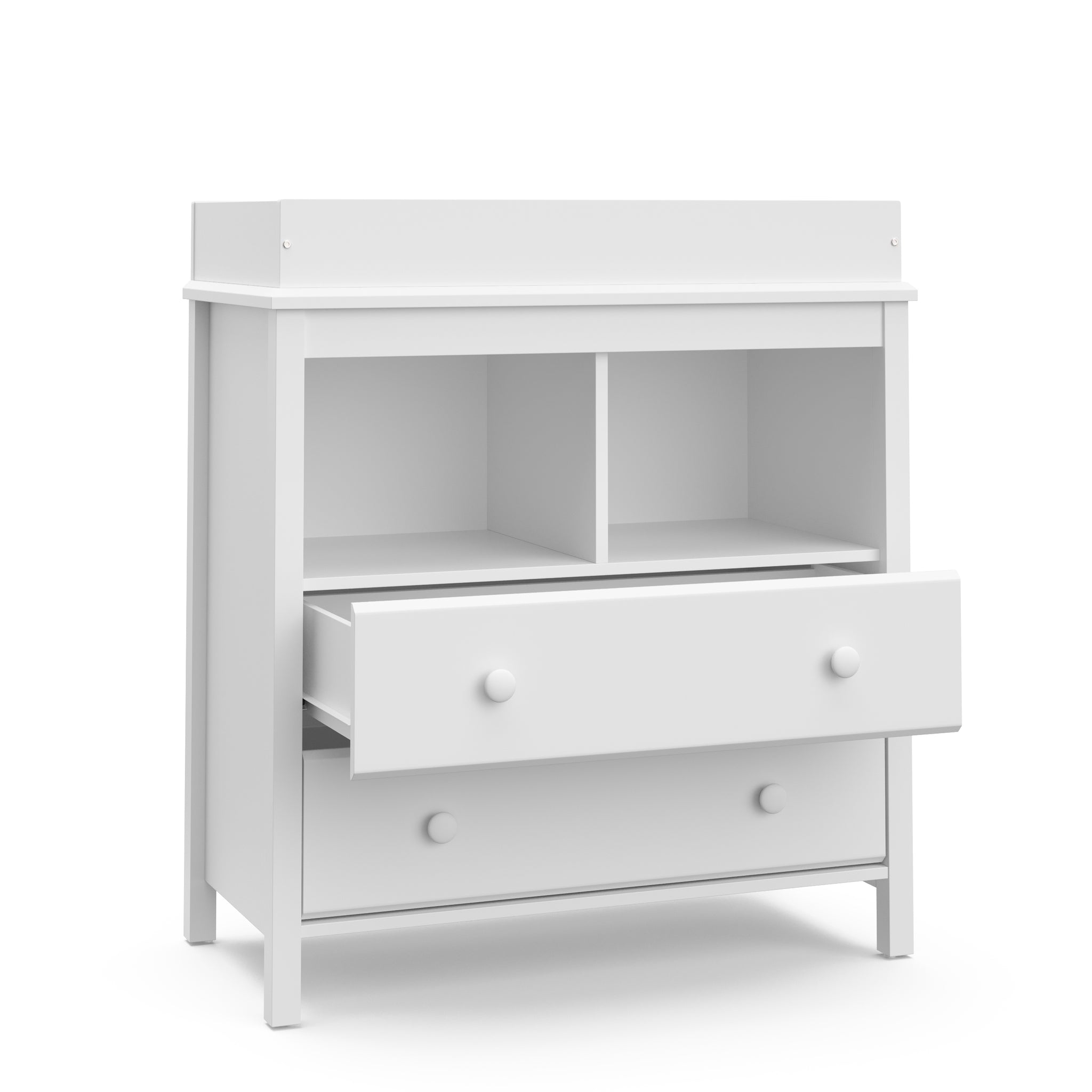 White 2 drawer chest with changing topper with open drawer