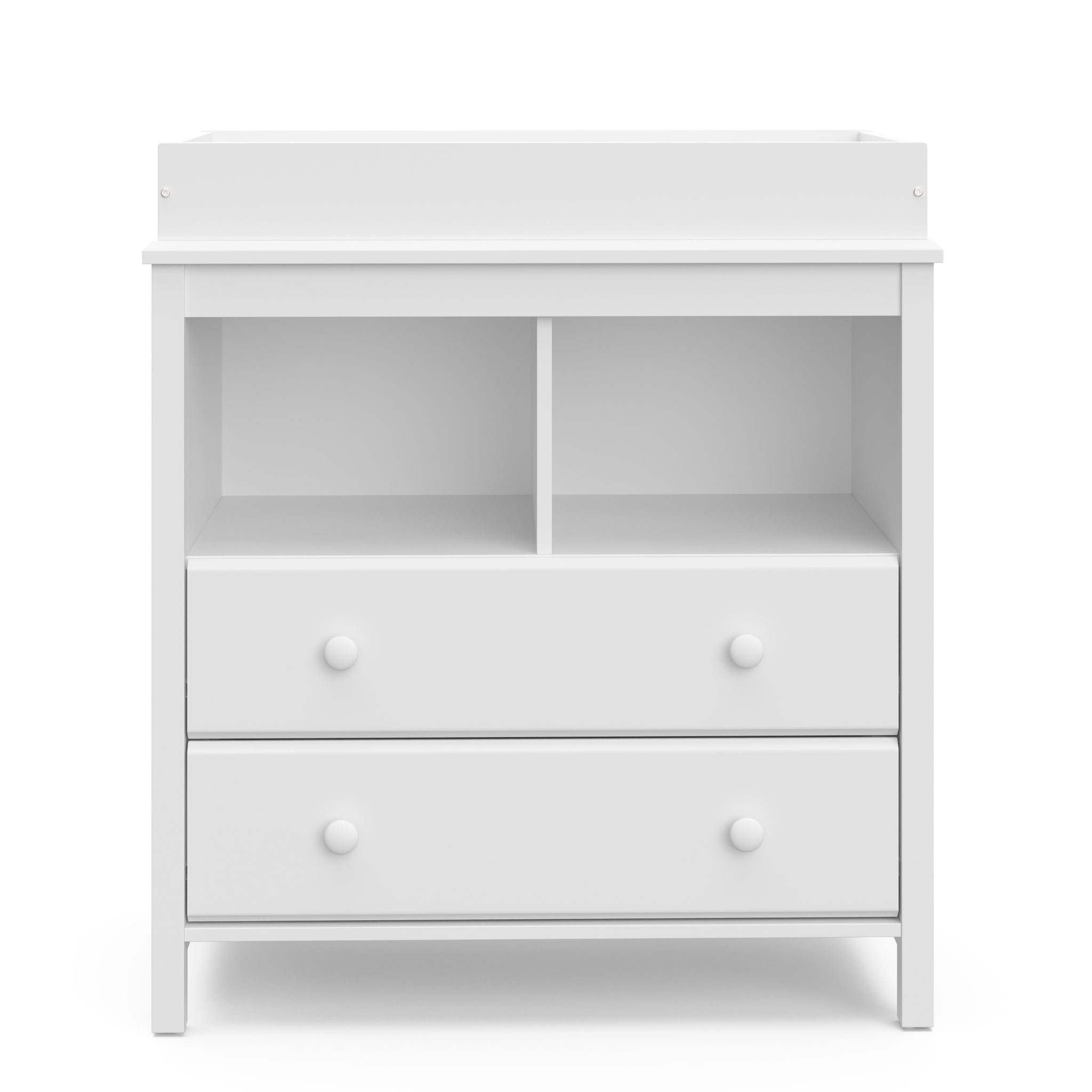 Front view of white 2 drawer chest with changing topper