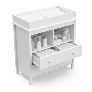 White 2 drawer chest with changing topper with open drawer