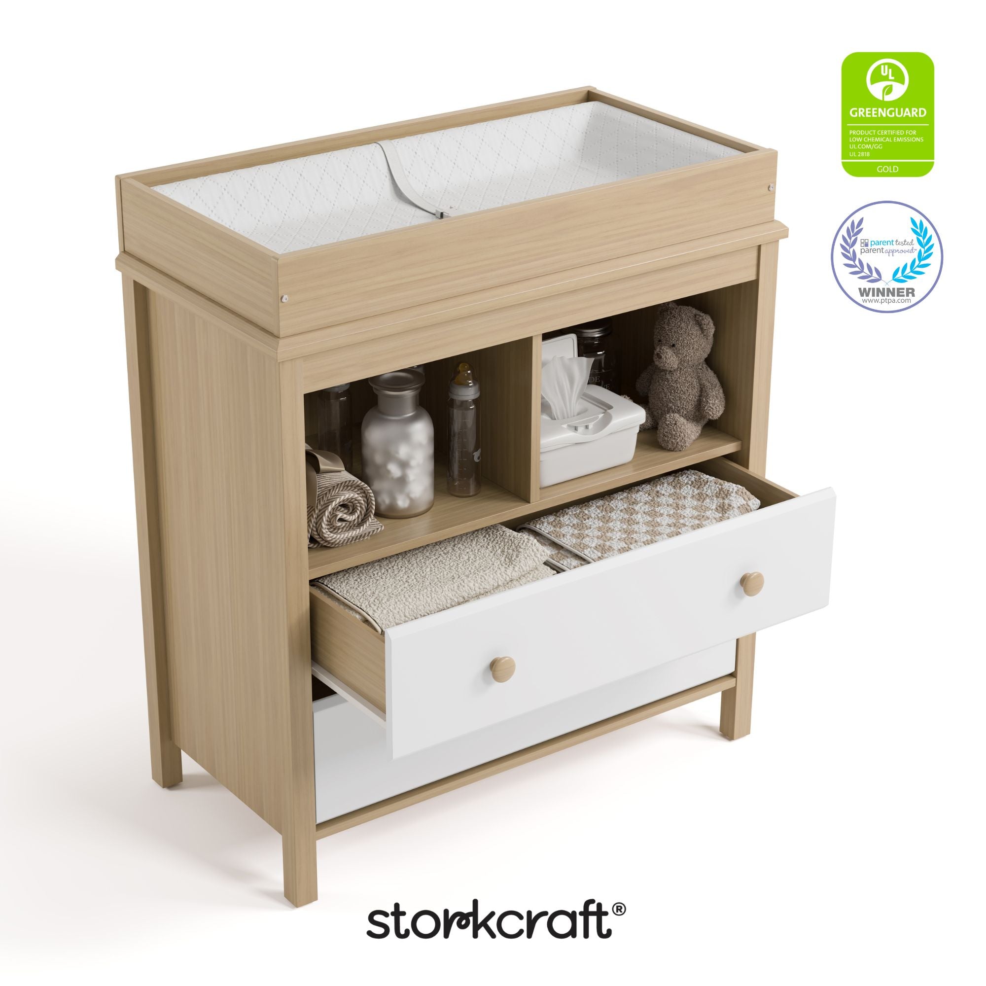 alpine driftwood with white 2 drawer changing chest certifications callout