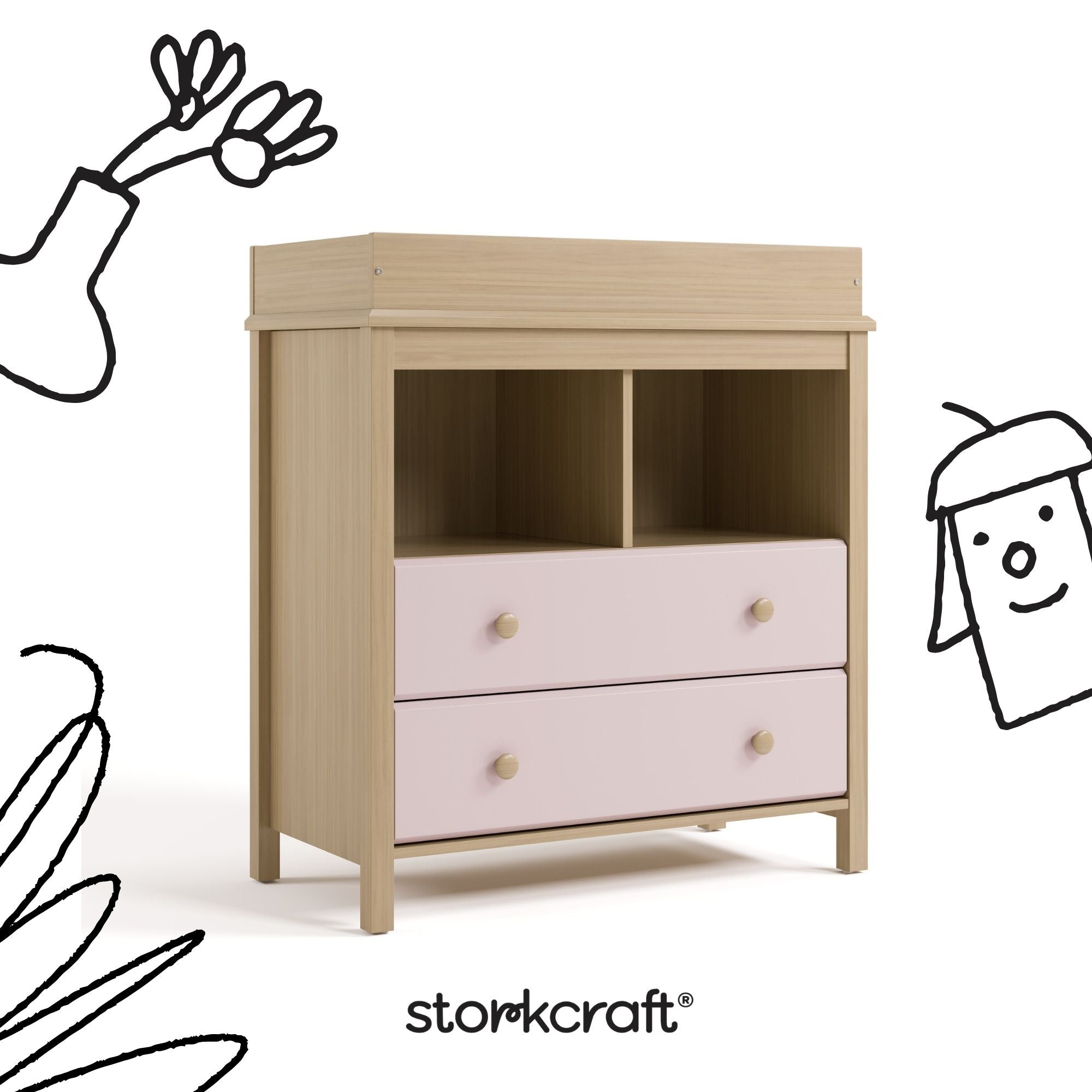 alpine driftwood with blush 2 drawer changing chest with black cartoon drawings overlaid on image
