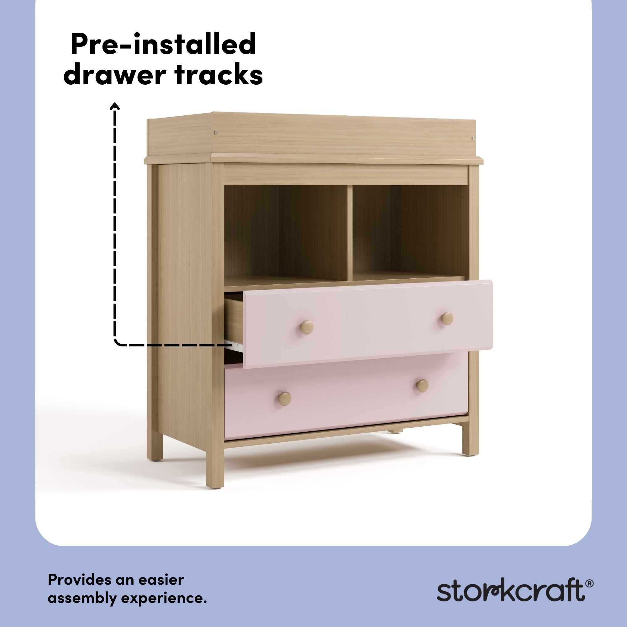 alpine driftwood with blush 2 drawer changing chest pre-installed drawer tracks callout