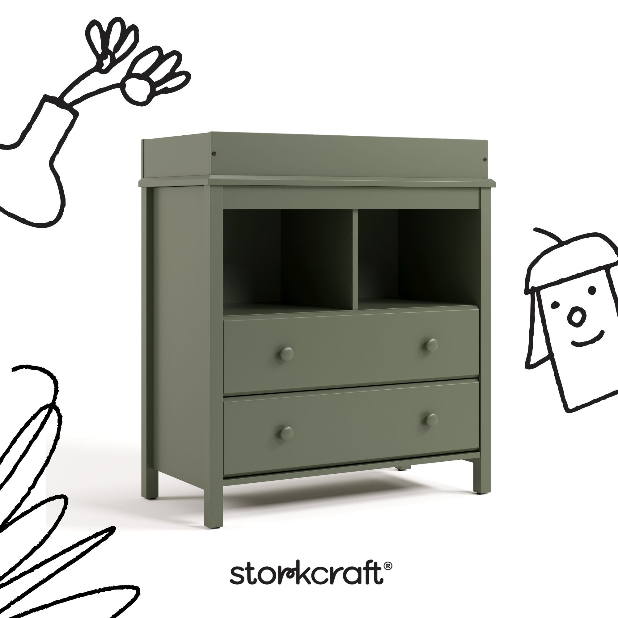 alpine olive  2 drawer changing chest with black cartoon drawings overlaid on image