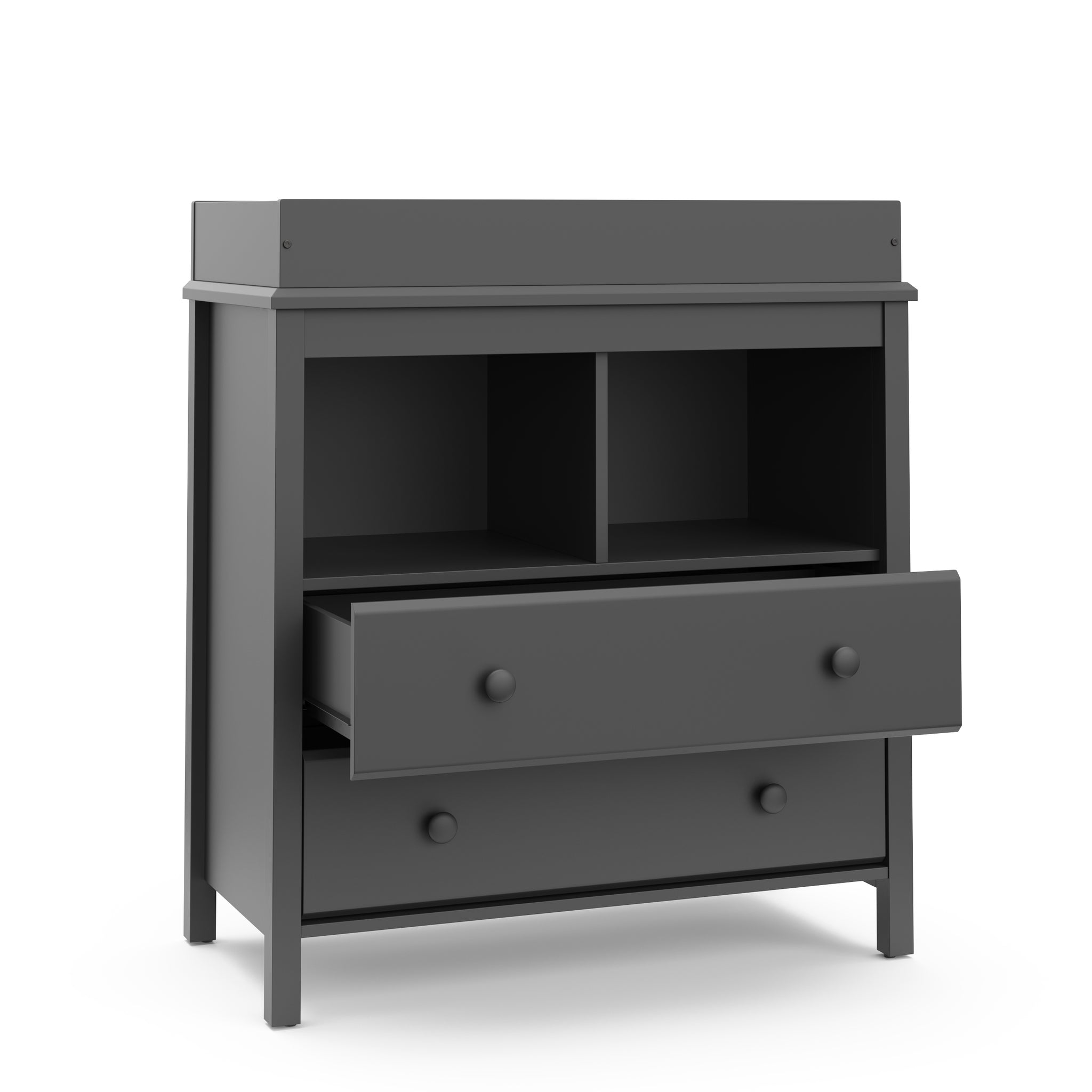 Gray 2 drawer chest with changing topper with open drawer