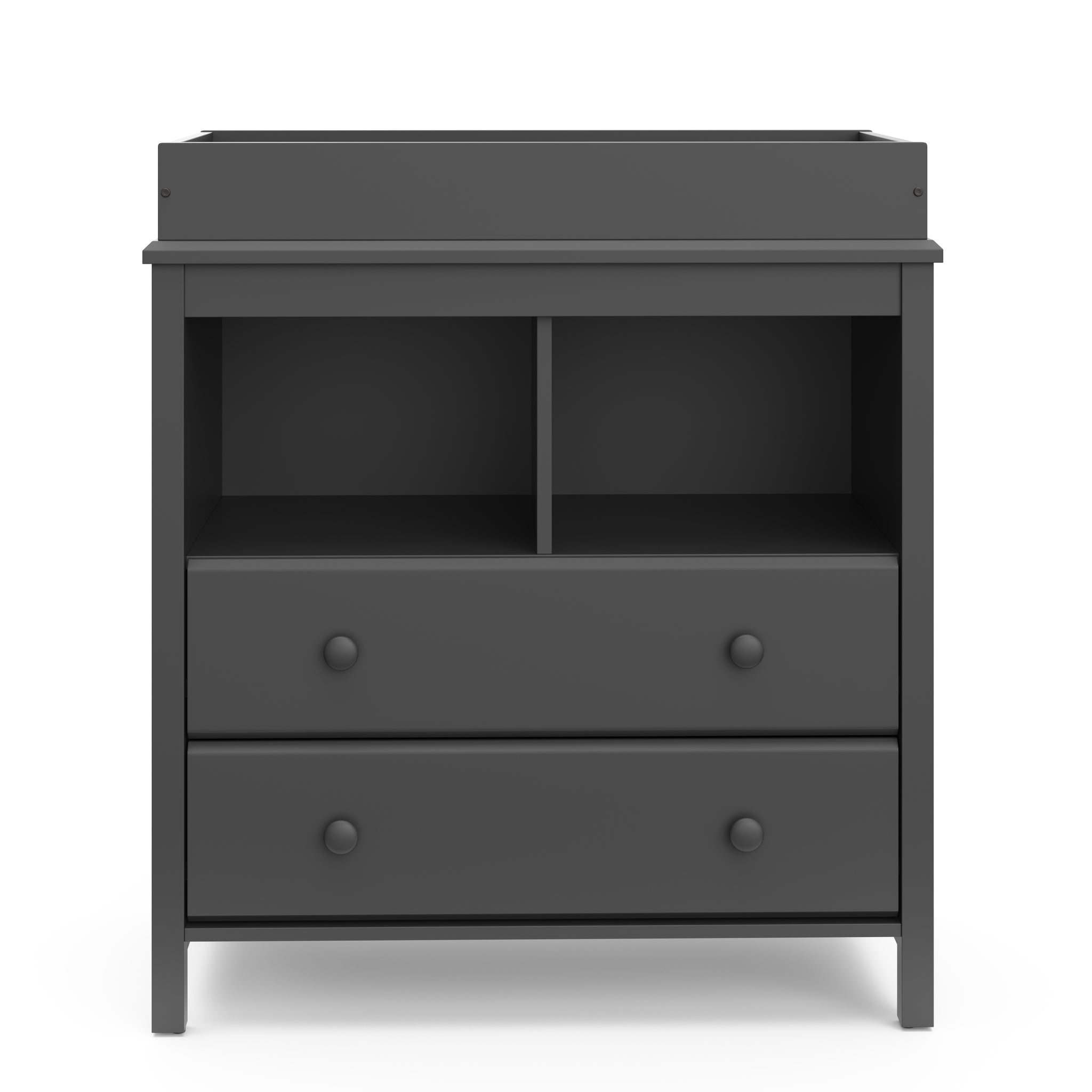 front view of Gray 2 drawer chest with changing topper