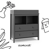 alpine gray 2 drawer changing chest with black cartoon drawings overlaid on image