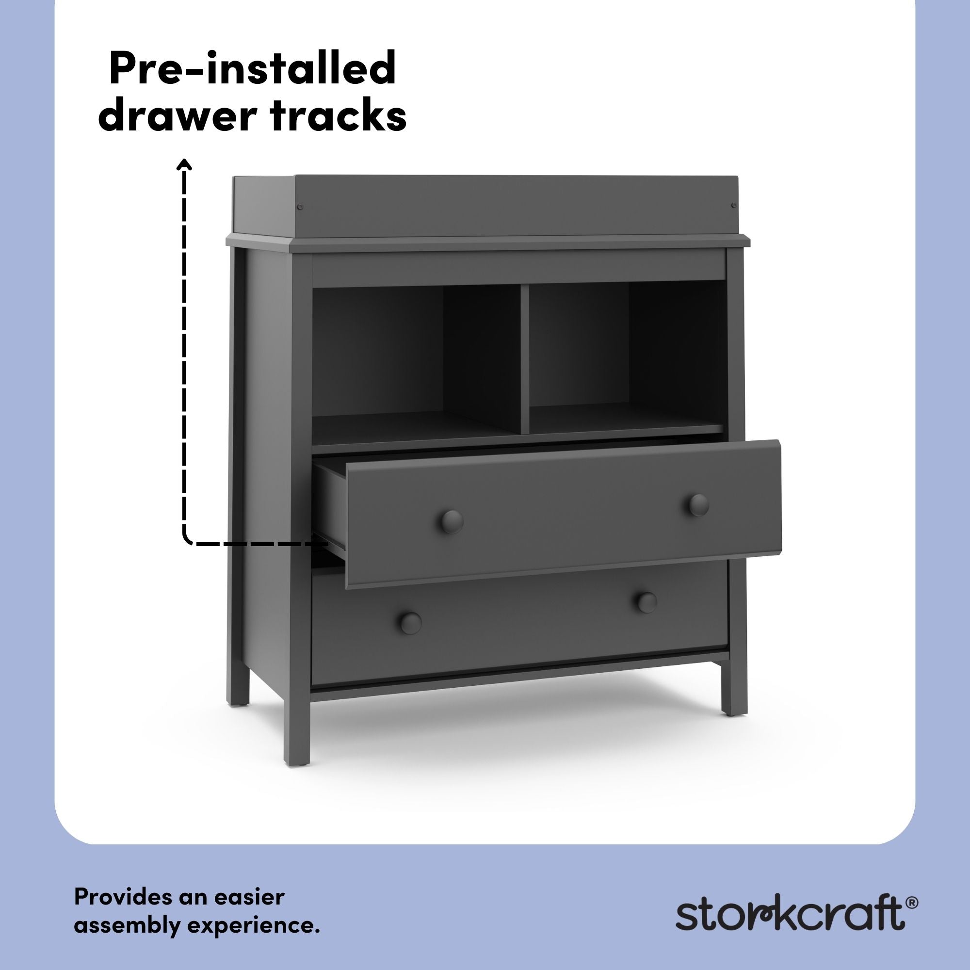 alpine gray 2 drawer changing chest pre-installed drawer tracks callout