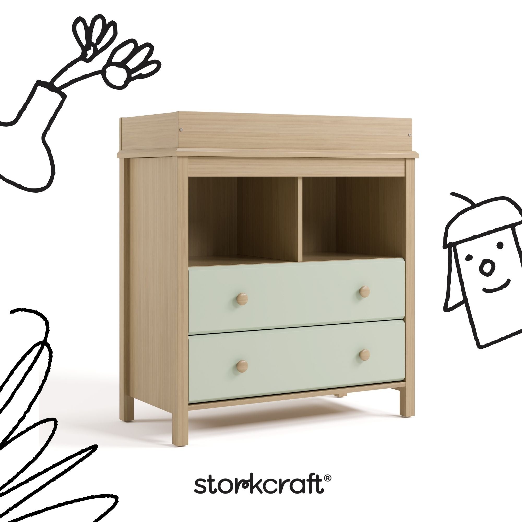 alpine driftwood with sage 2 drawer changing chest with black cartoon drawings overlaid on image